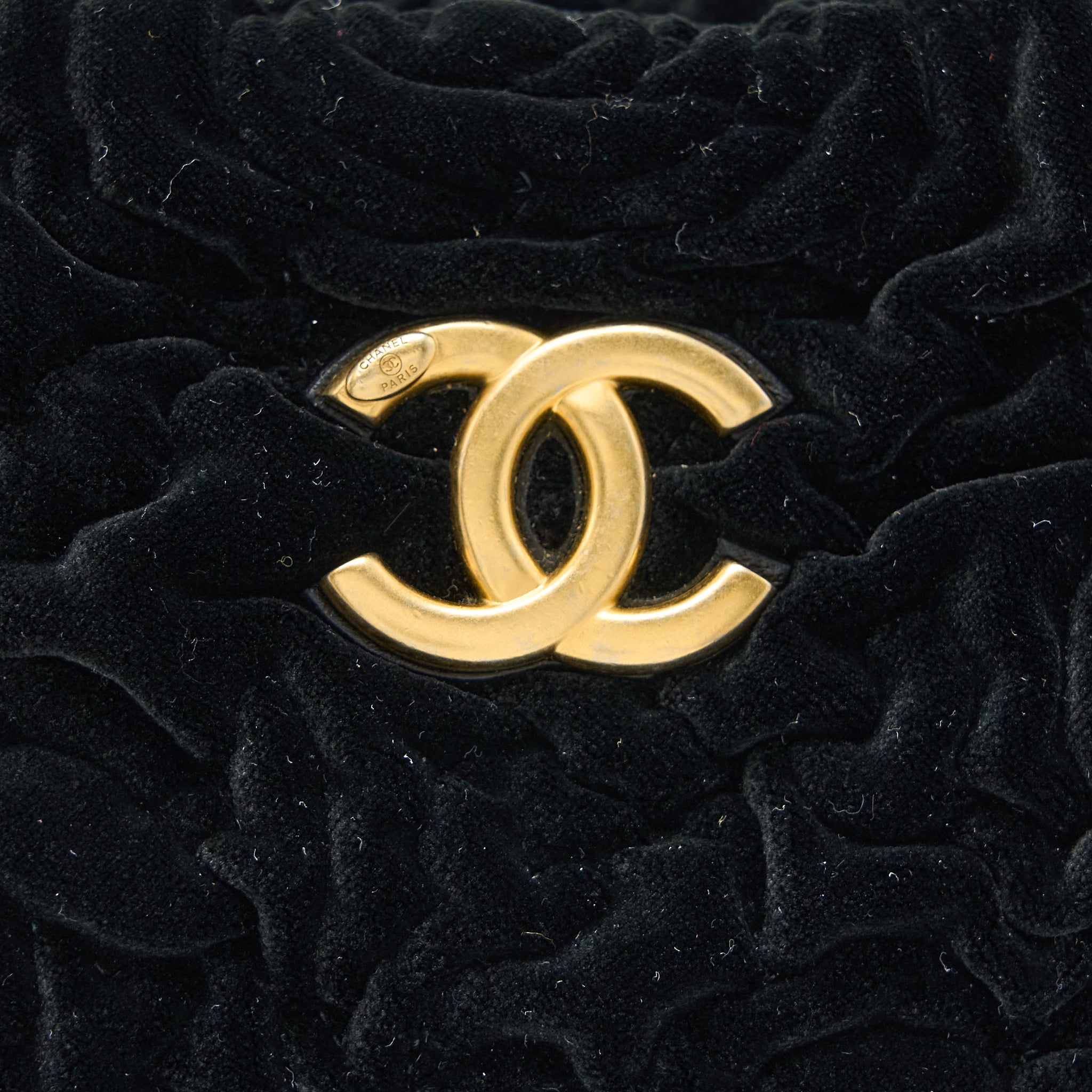 CHANEL MINI BOSTON BAG WITH CHAIN CAMELLIA VELVET BLACK GHW (MICROCHIP)