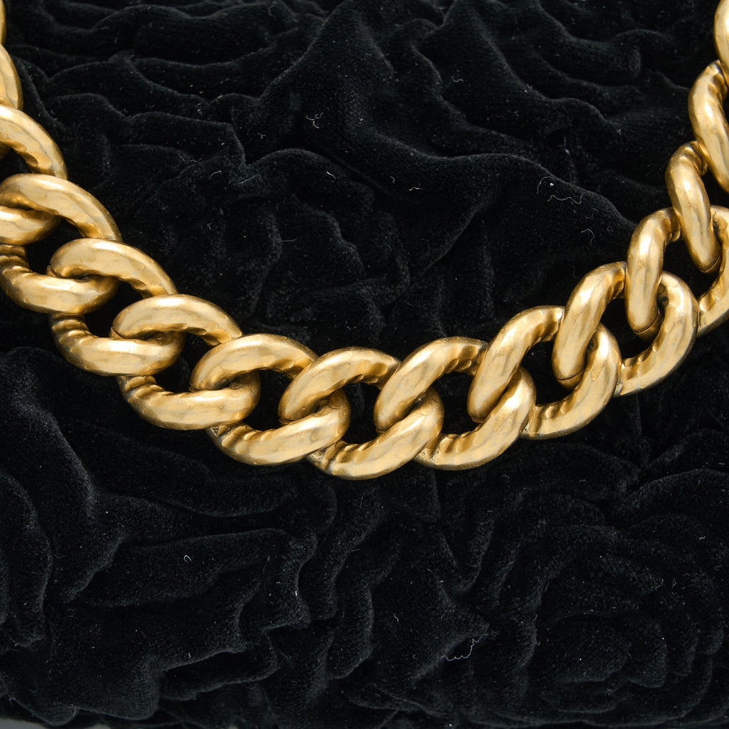 CHANEL MINI BOSTON BAG WITH CHAIN CAMELLIA VELVET BLACK GHW (MICROCHIP)
