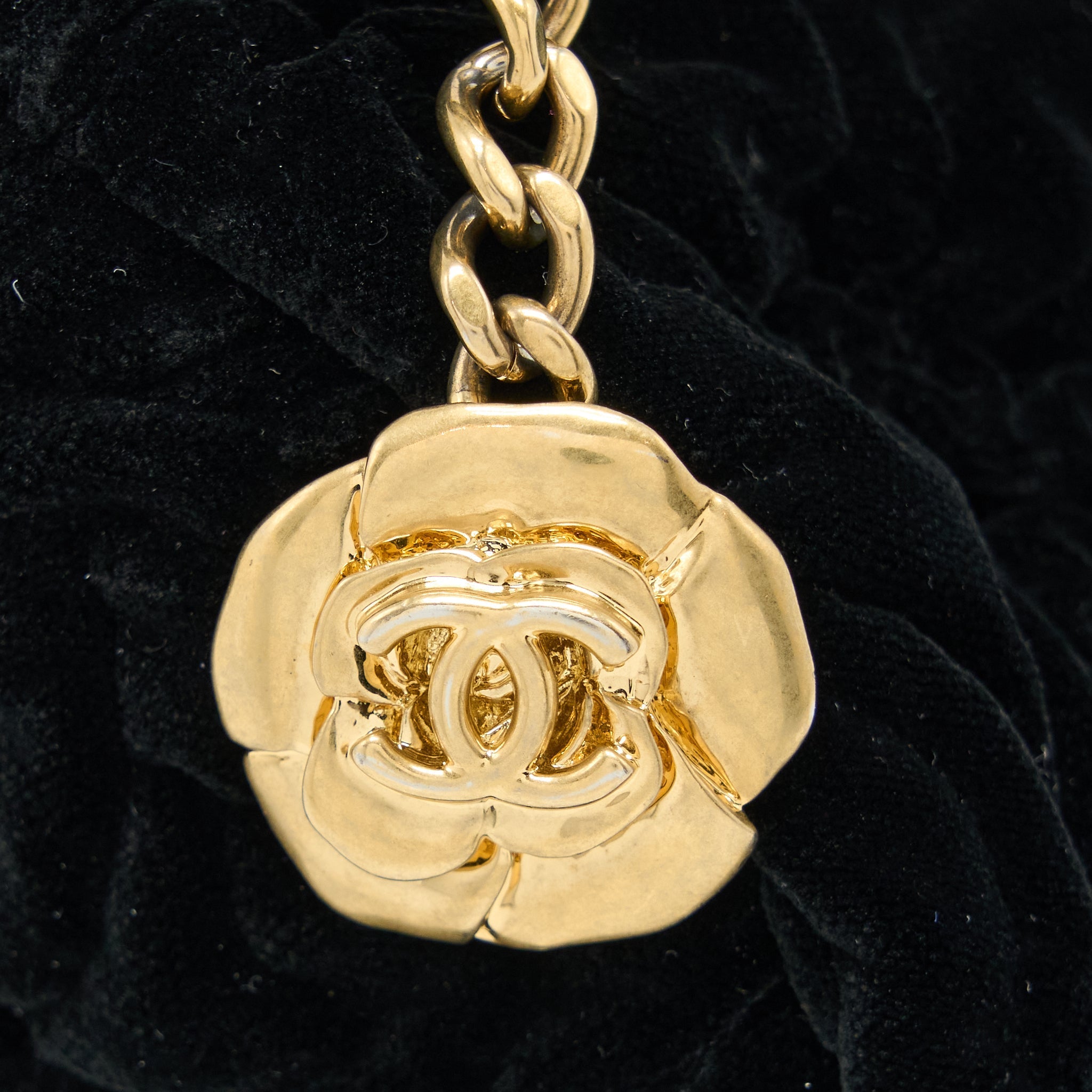 CHANEL MINI BOSTON BAG WITH CHAIN CAMELLIA VELVET BLACK GHW (MICROCHIP)
