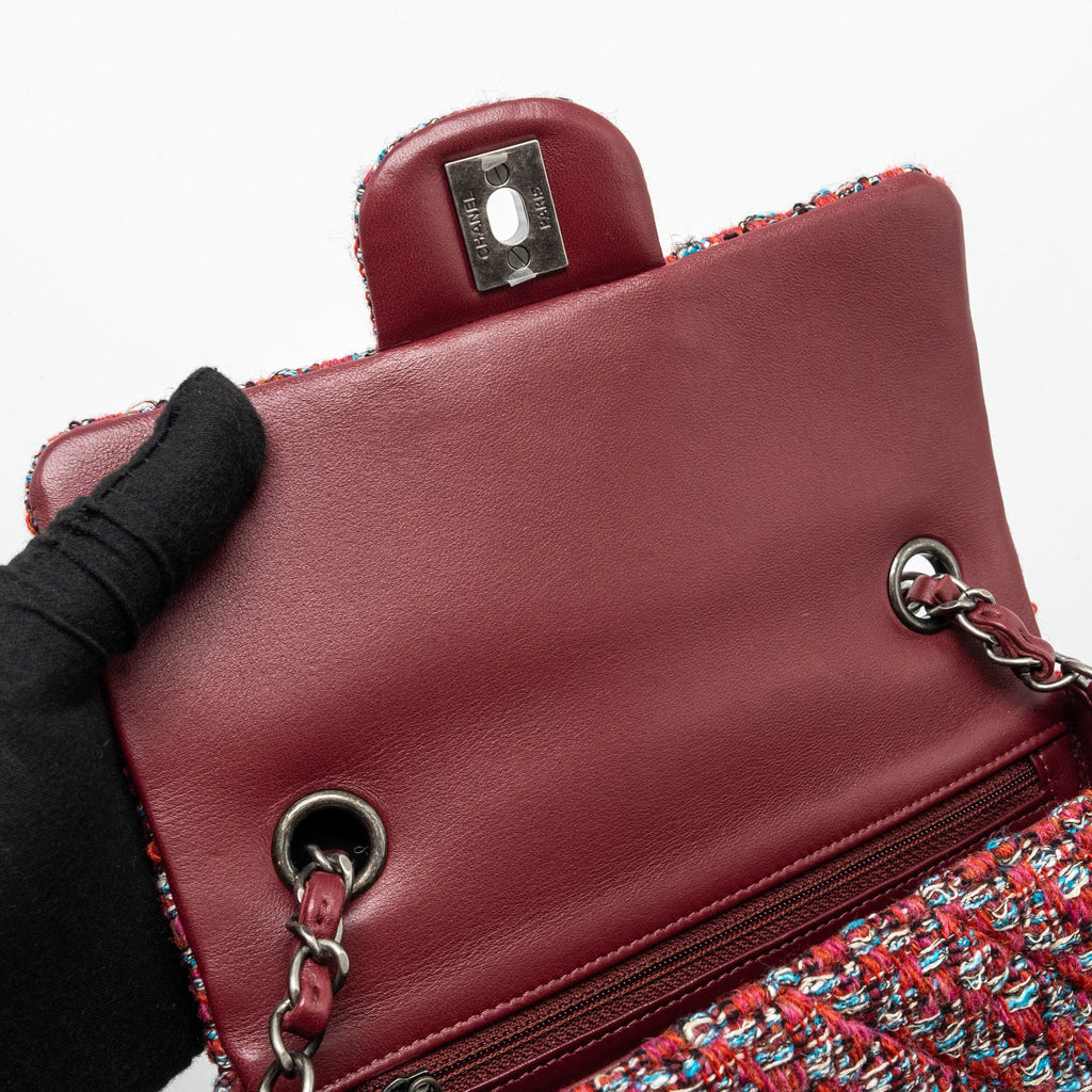 CHANEL MINI RECTANGULAR FLAP BAG TWEED MULTICOLOUR RUTHENIUM HARDWARE(MICROCHIP)