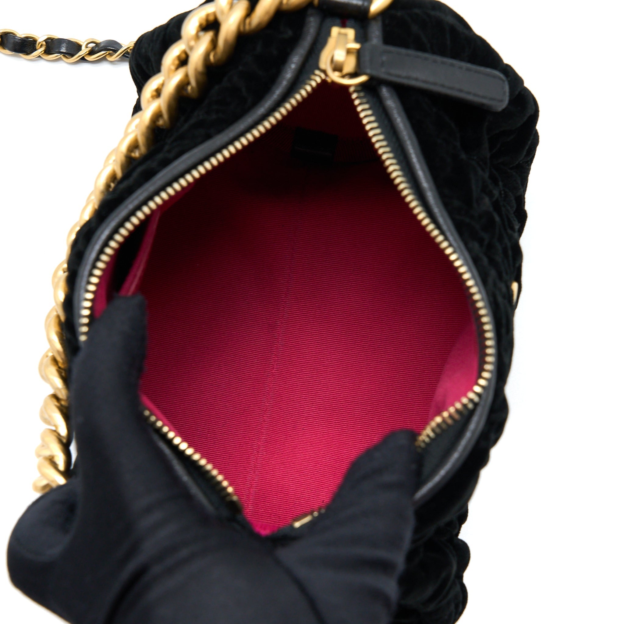 CHANEL MINI BOSTON BAG WITH CHAIN CAMELLIA VELVET BLACK GHW (MICROCHIP)