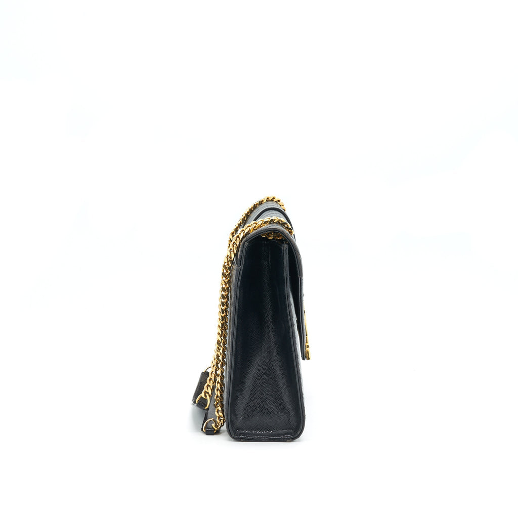 SAINT LAURENT / YSL LARGE ENVELOPE CHAIN FLAP BAG IN BLACK GRAIN DE POUDRE