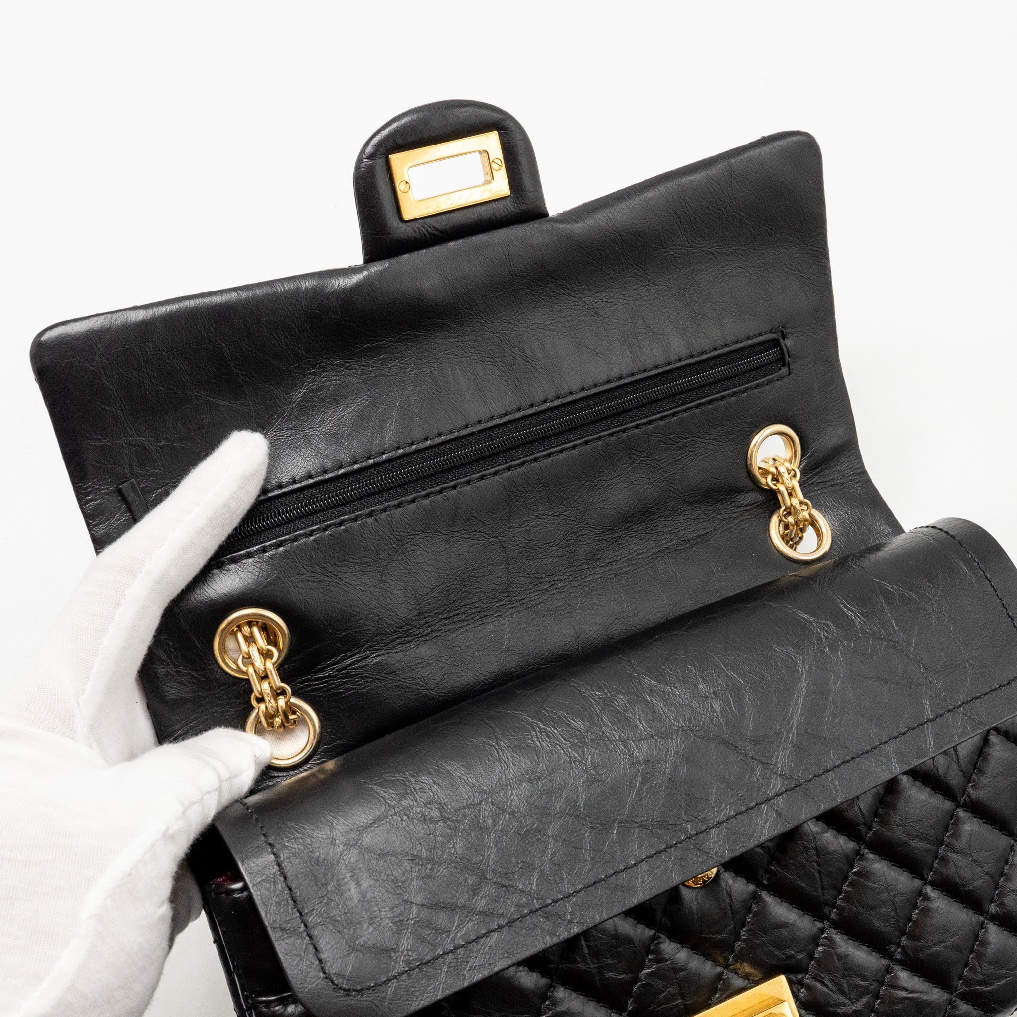 CHANEL SMALL 2.55 REISSUE DOUBLE FLAP BAG AGE CALFSKIN BLACK GHW