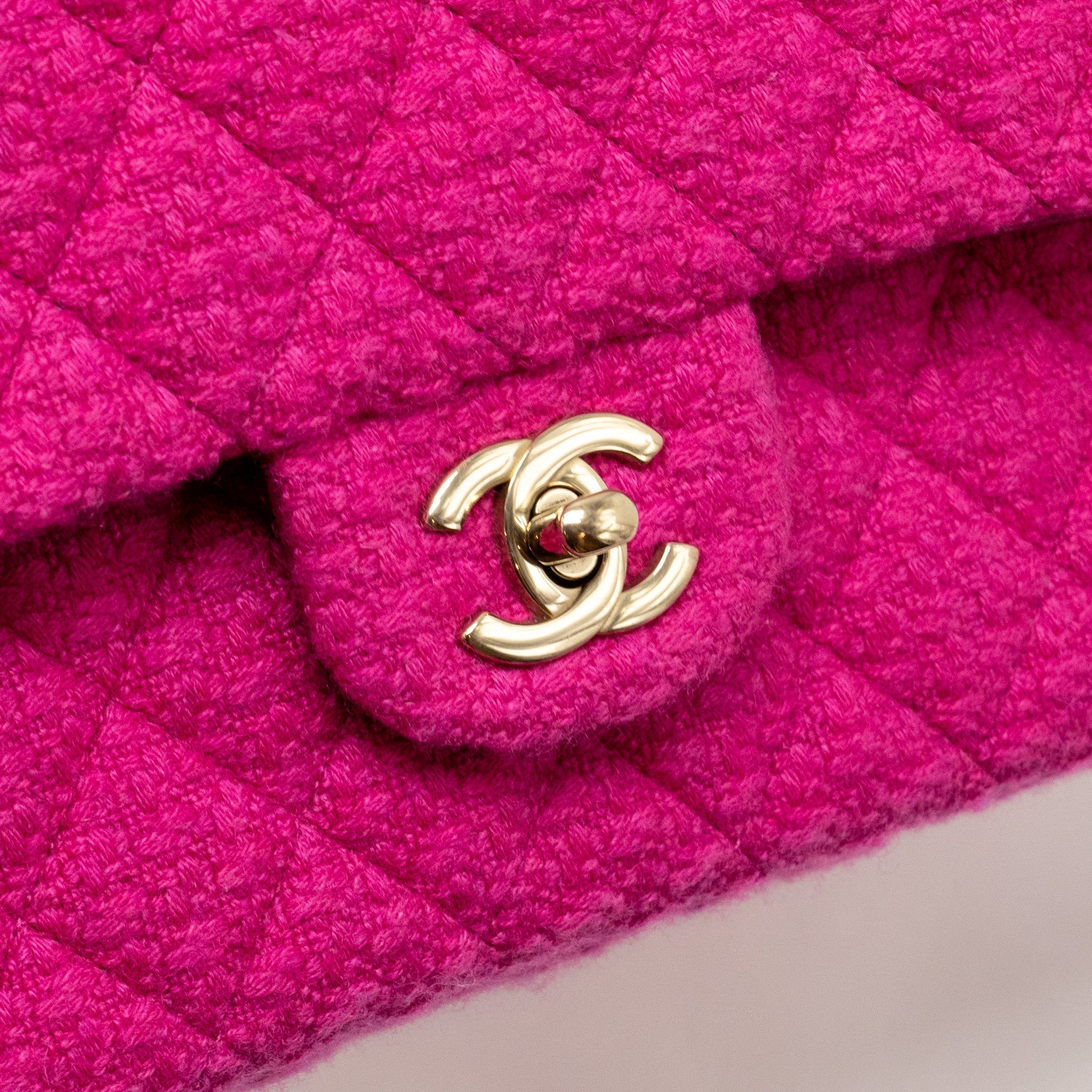 CHANEL MEDIUM CLASSIC DOUBLE FLAP BAG TWEED PINK LGHW (MICROCHIP)