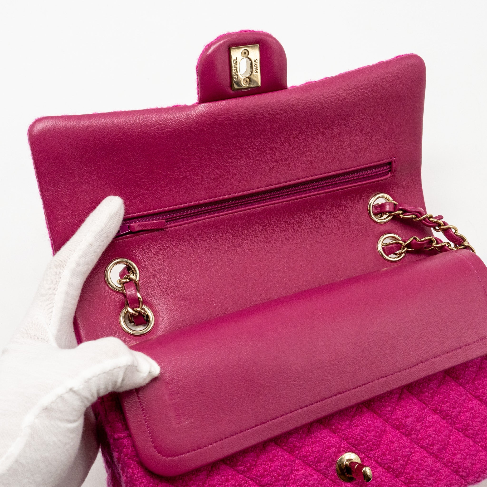 CHANEL MEDIUM CLASSIC DOUBLE FLAP BAG TWEED PINK LGHW (MICROCHIP)