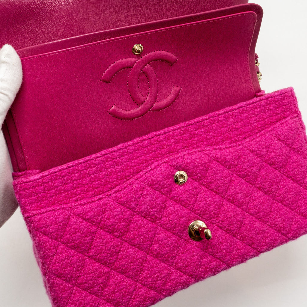 CHANEL MEDIUM CLASSIC DOUBLE FLAP BAG TWEED PINK LGHW (MICROCHIP)