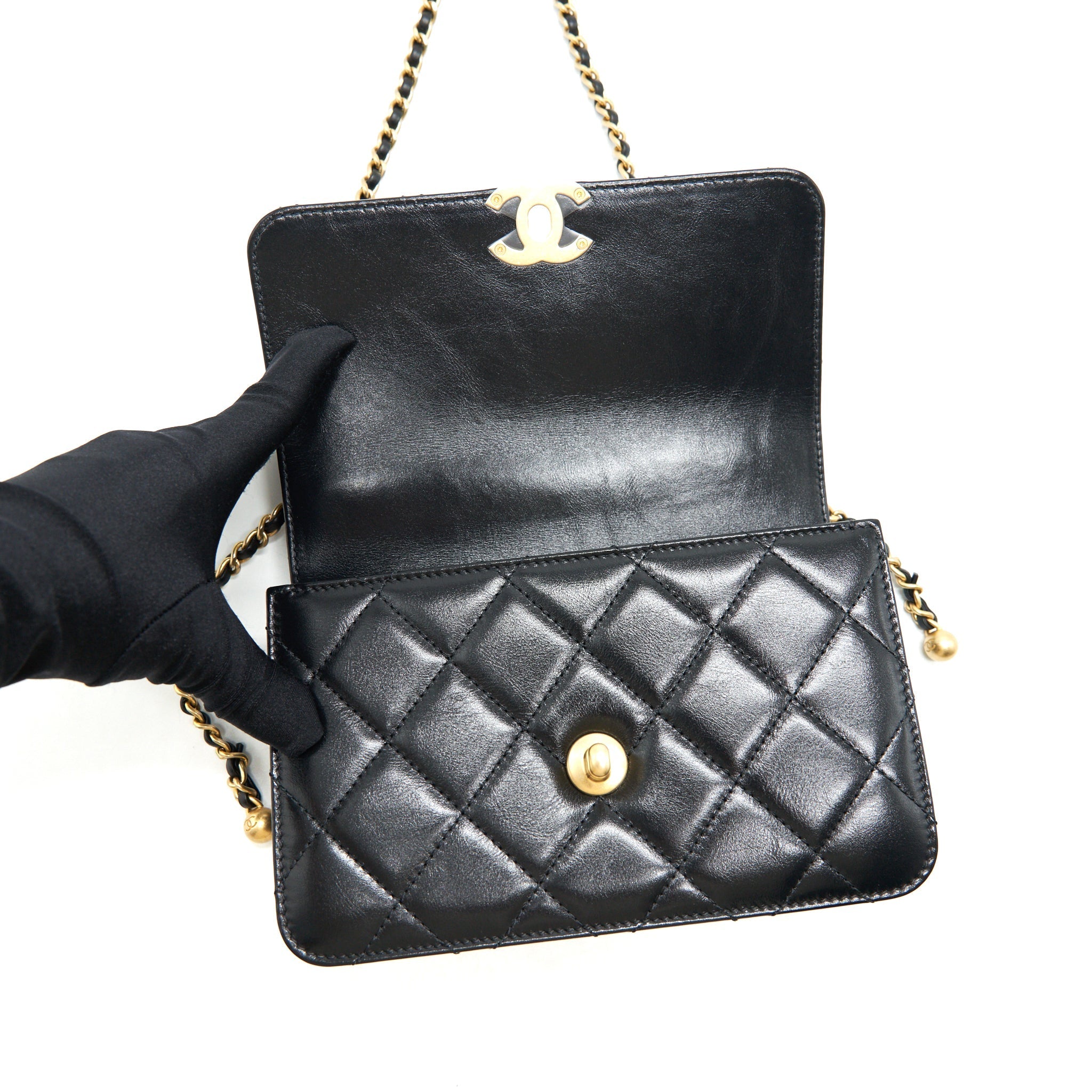 CHANEL 21A GOLD CRUSH MINI FLAP BAG CALFSKIN BLACK GHW