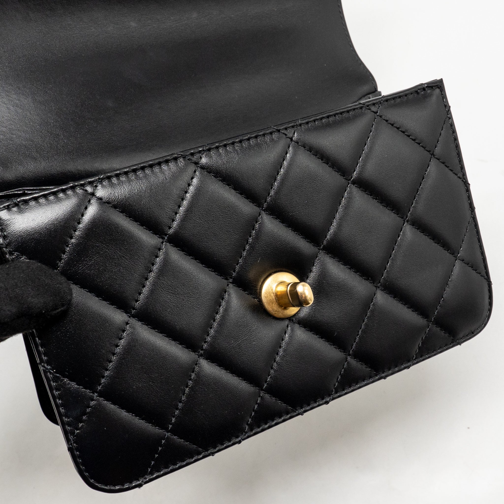 CHANEL GOLD CRUSH MINI FLAP BAG SHINY CALFSKIN BLACK GHW (MICROCHIP)
