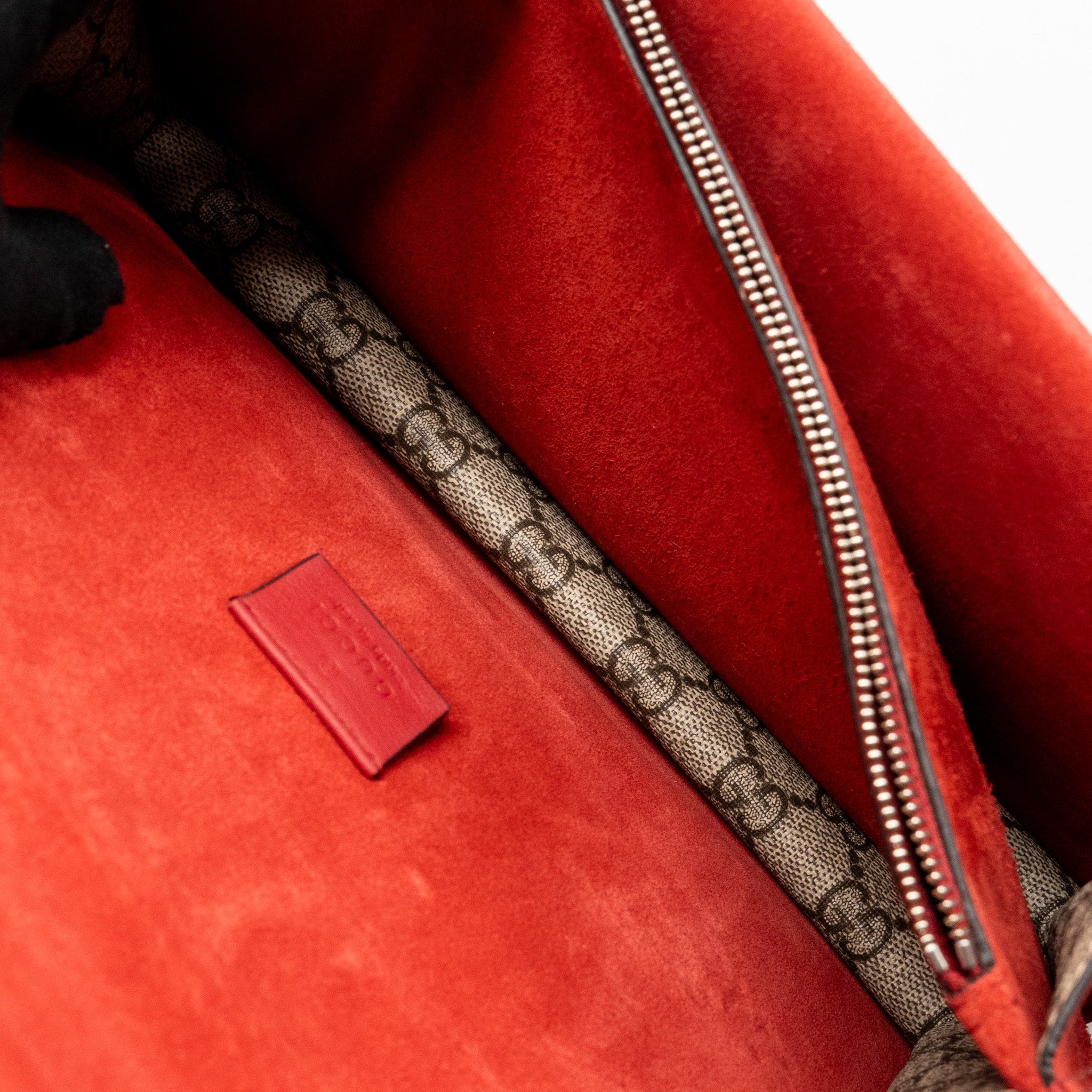GUCCI SMALL DIONYSUS SHOULDER BAG GG SUPREME CANVAS/SUEDE RED SHW
