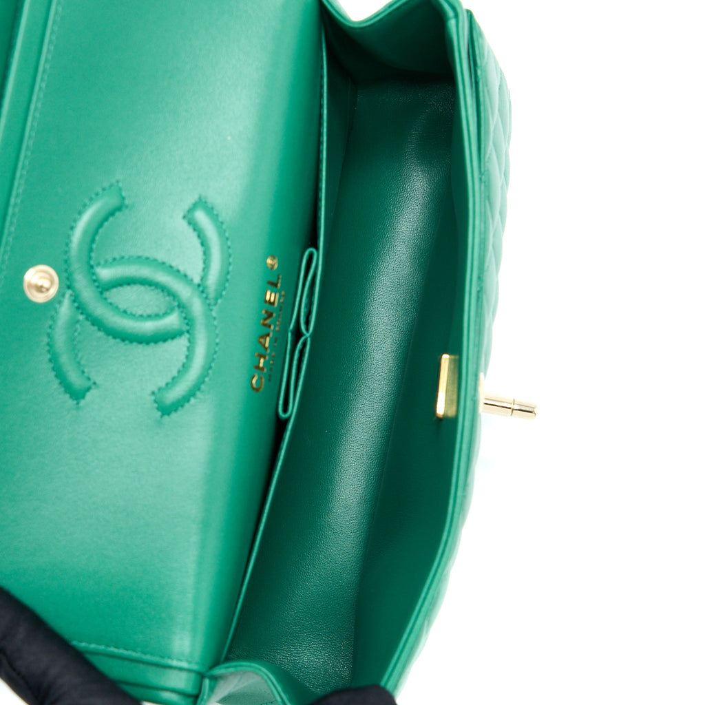 CHANEL SMALL CLASSIC DOUBLE FLAP BAG LAMBSKIN GREEN LGHW(MICROCHIP)