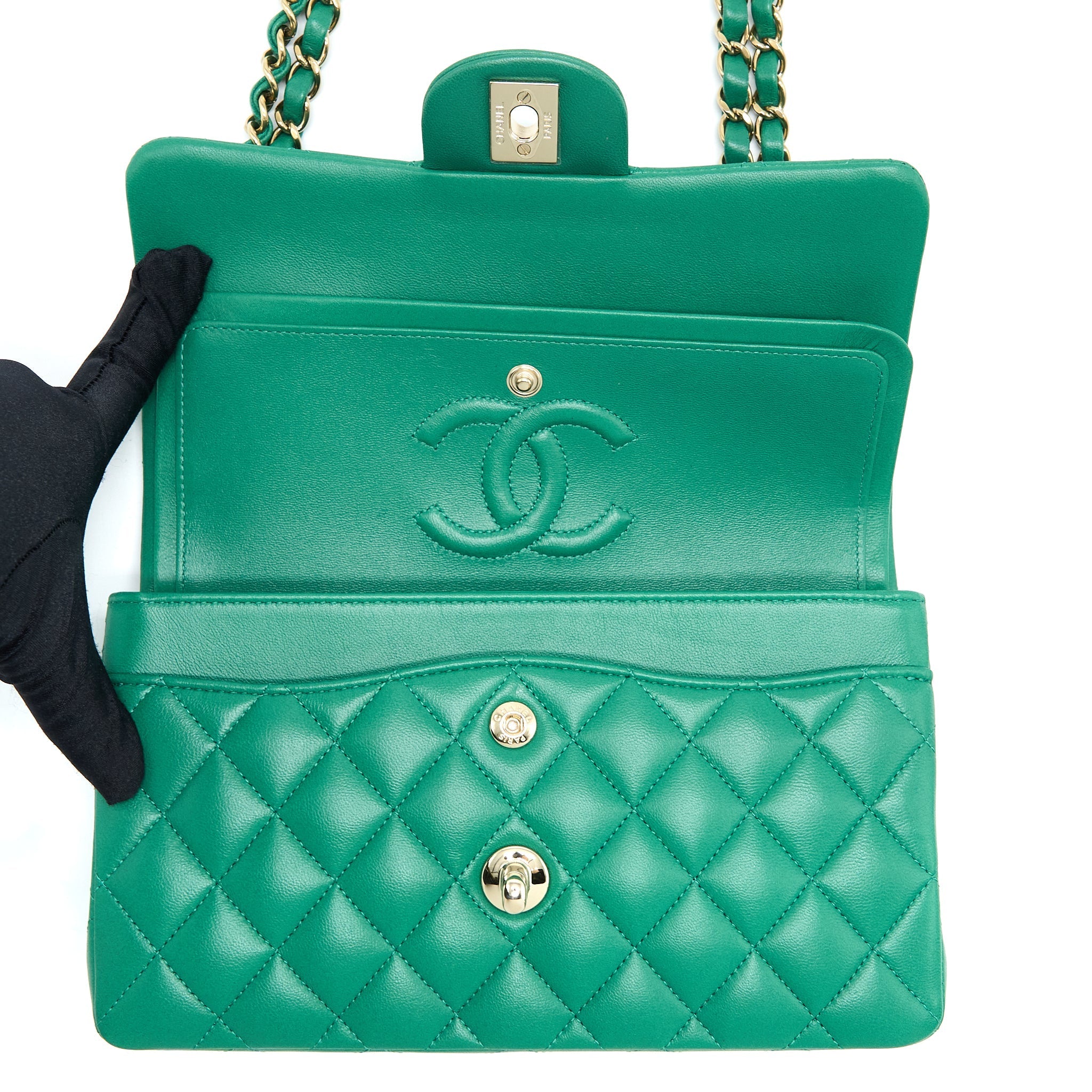 CHANEL SMALL CLASSIC DOUBLE FLAP BAG LAMBSKIN GREEN LGHW(MICROCHIP)