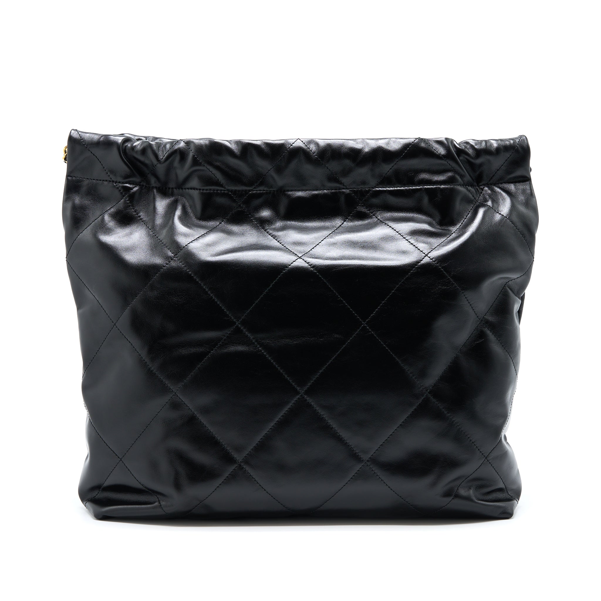 CHANEL MEDIUM 22 BAG GOLD LETTER SHINY CALFSKIN BLACK BRUSHED GHW(MICROCHIP)