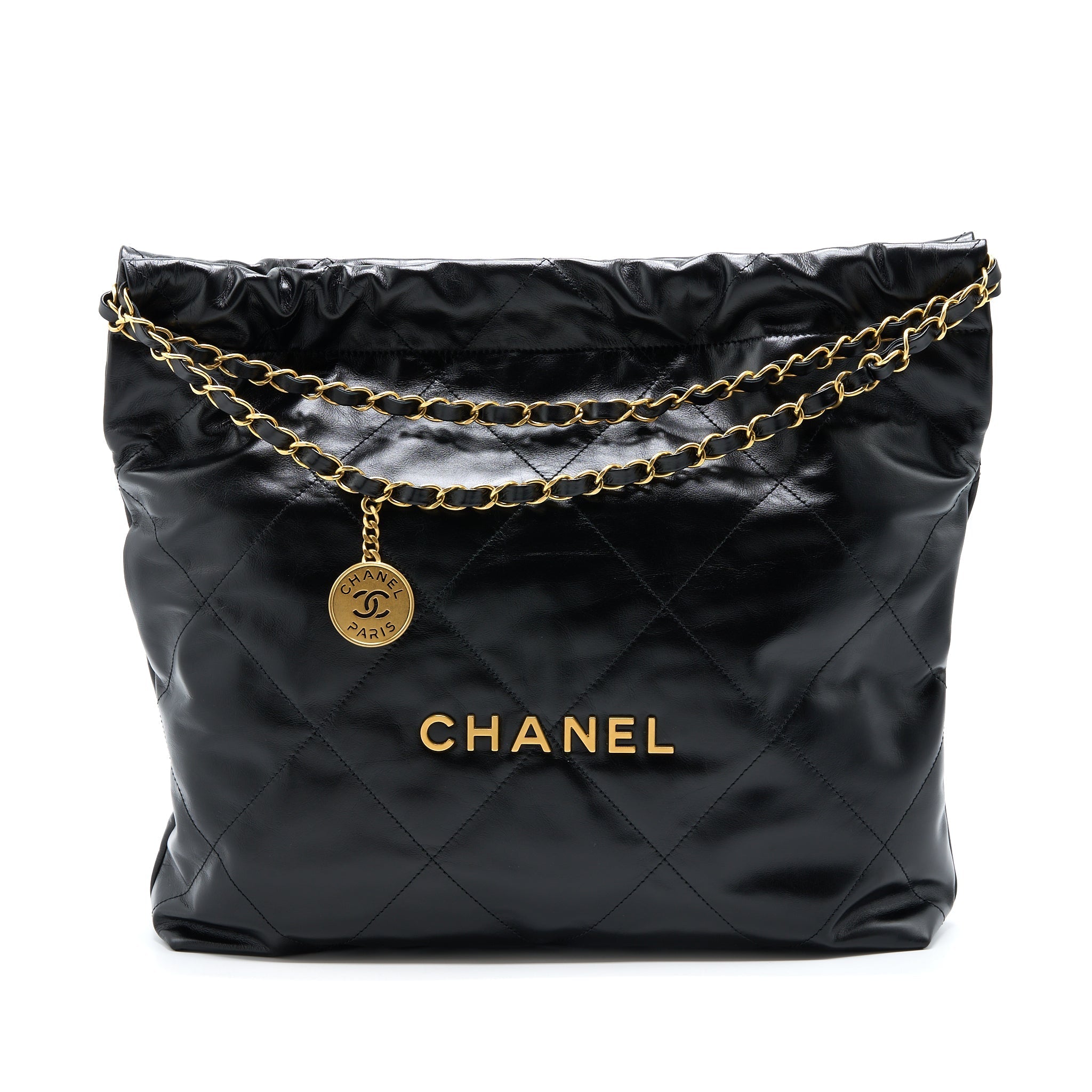 CHANEL MEDIUM 22 BAG GOLD LETTER SHINY CALFSKIN BLACK BRUSHED GHW(MICROCHIP)