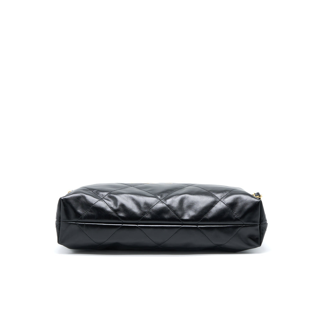 CHANEL MEDIUM 22 BAG GOLD LETTER SHINY CALFSKIN BLACK BRUSHED GHW(MICROCHIP)