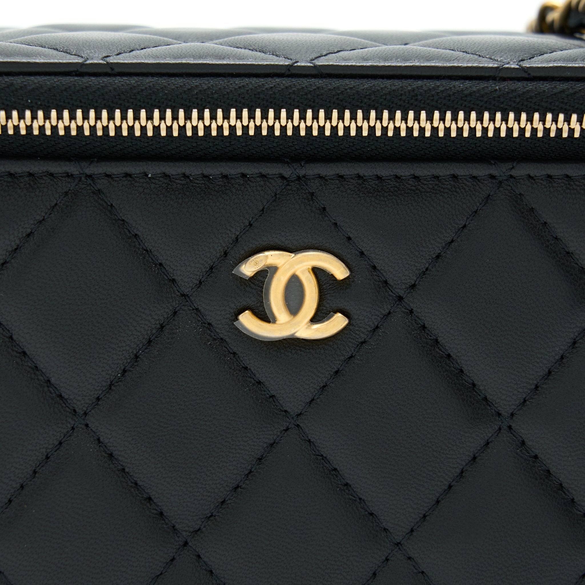 CHANEL PEARL CRUSH LONG VANITY WITH CHAIN LAMBSKIN BLACK GHW