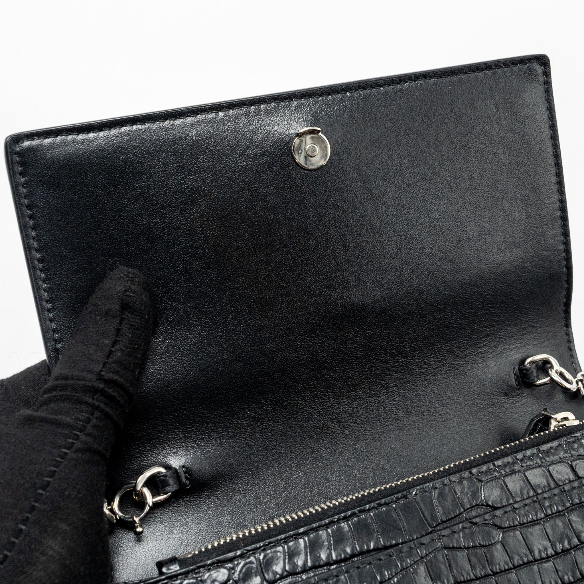 SAINT LAURENT/YSL SUNSET BAG CROC-EMBOSSED CALFSKIN BLACK SHW