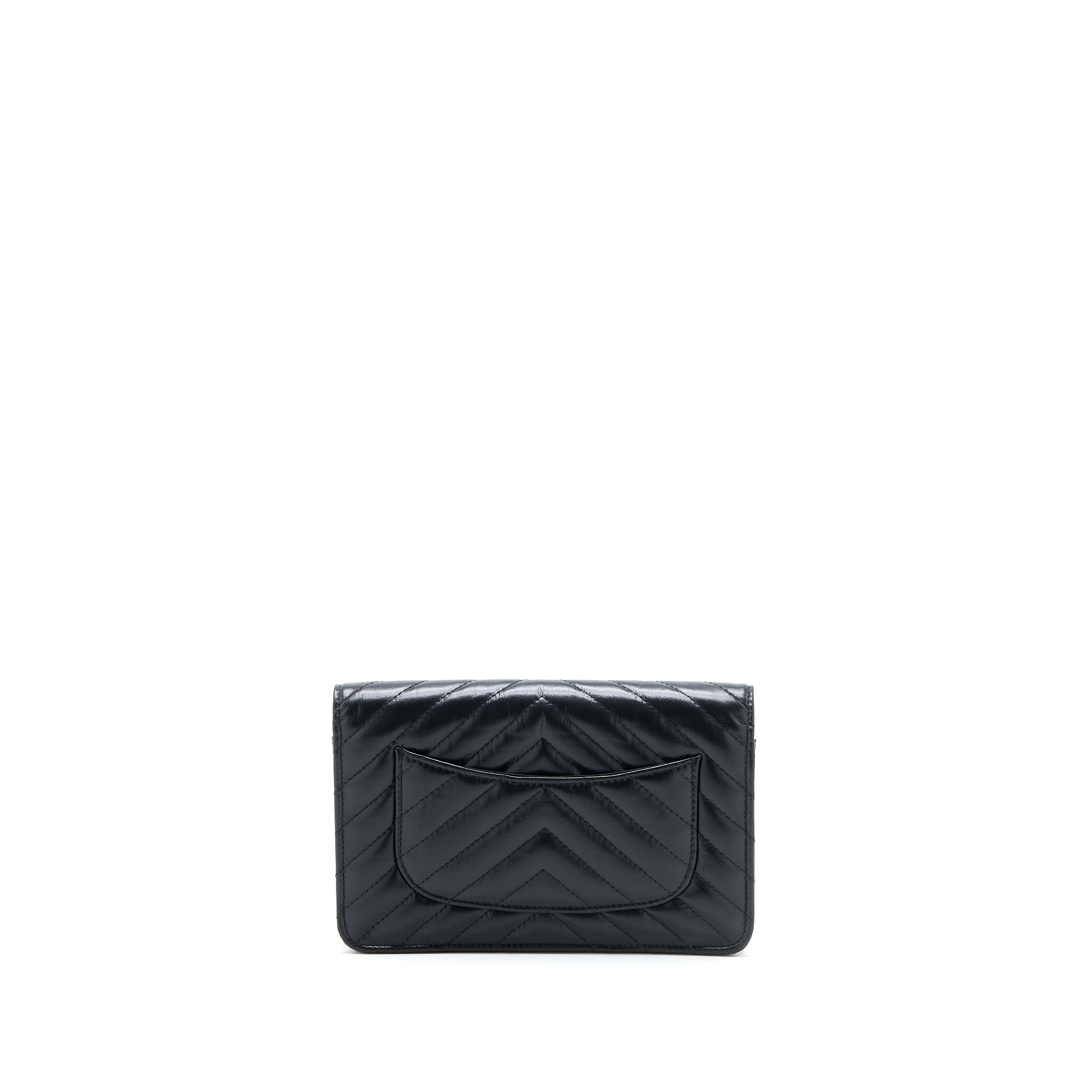 CHANEL 2.55 REISSUE WALLET ON CHAIN CHEVRON AGED CALFSKIN BLACK BRUSHED GHW (MICROCHIP)