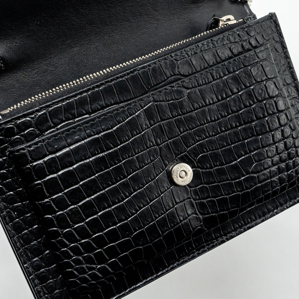 SAINT LAURENT/YSL SUNSET BAG CROC-EMBOSSED CALFSKIN BLACK SHW