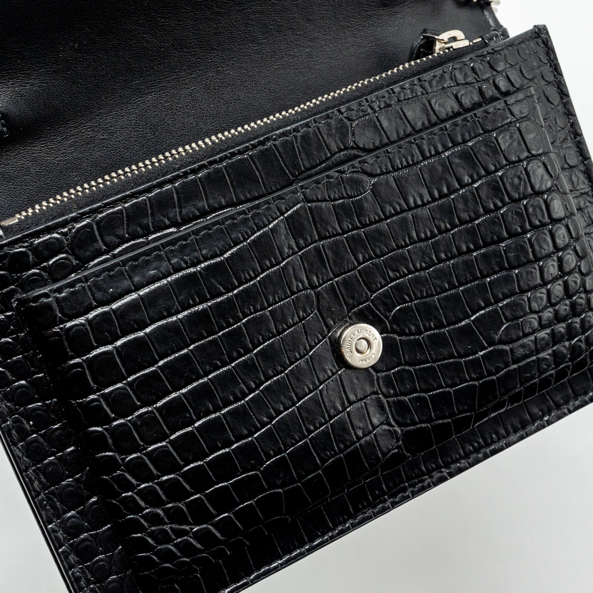 SAINT LAURENT/YSL SUNSET BAG CROC-EMBOSSED CALFSKIN BLACK SHW