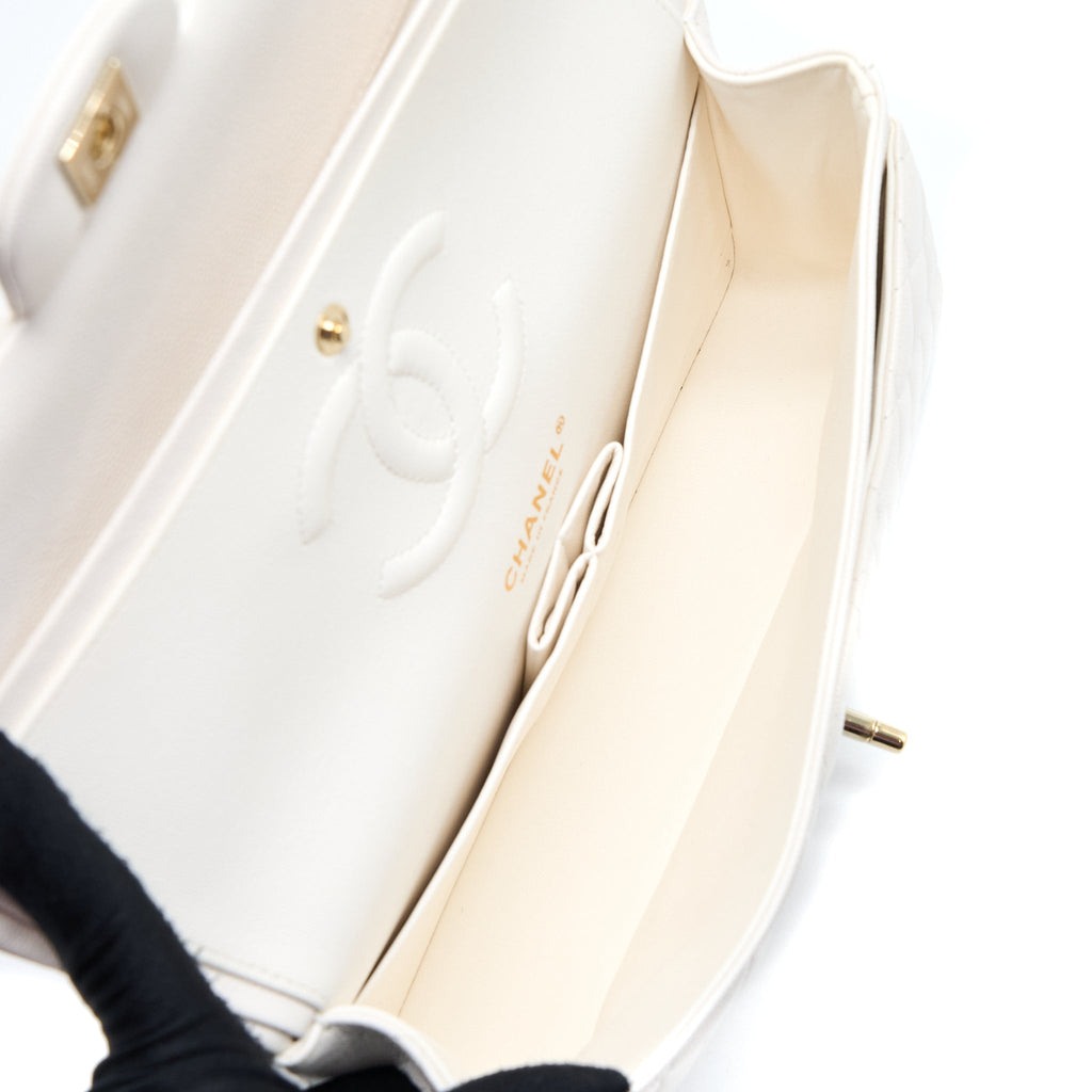 CHANEL MEDIUM CLASSIC DOUBLE FLAP BAG CAVIAR WHITE LGHW
