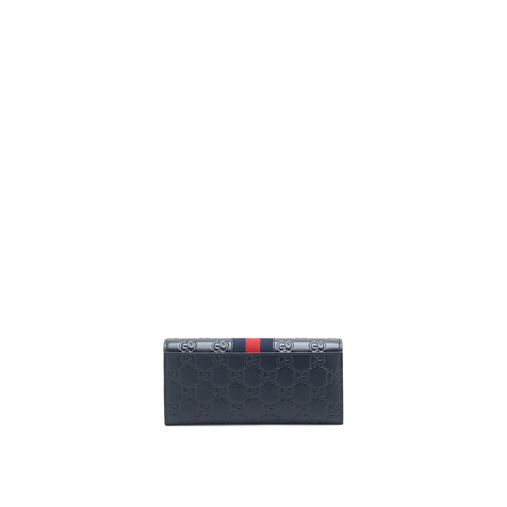 GUCCI MEN'S SIGNATURE WEB LEATHER LONG WALLET IN DARK NAVY
