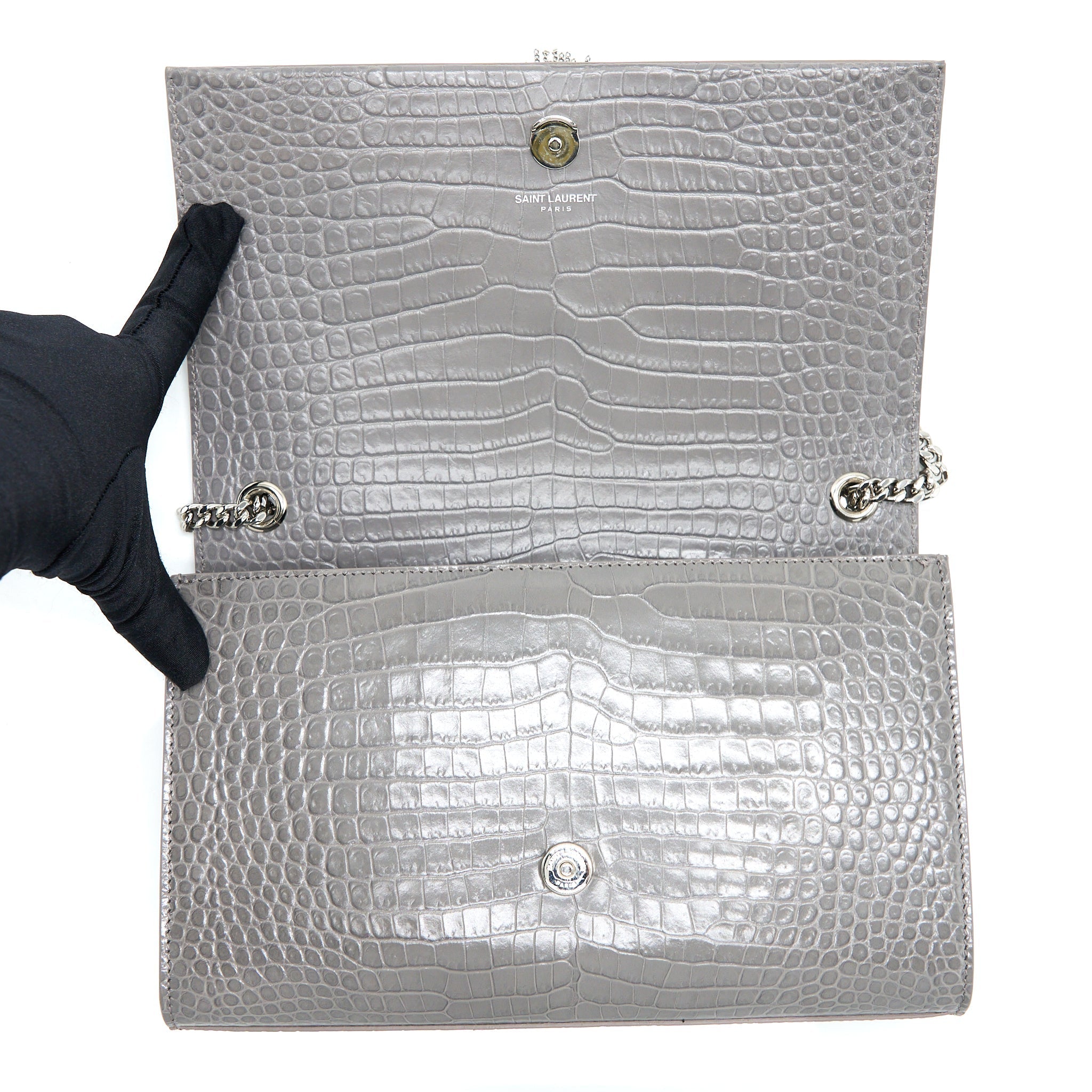 SAINT LAURENT KATE BAG CROC EMBOSSED-CALFSKIN GREY SHW