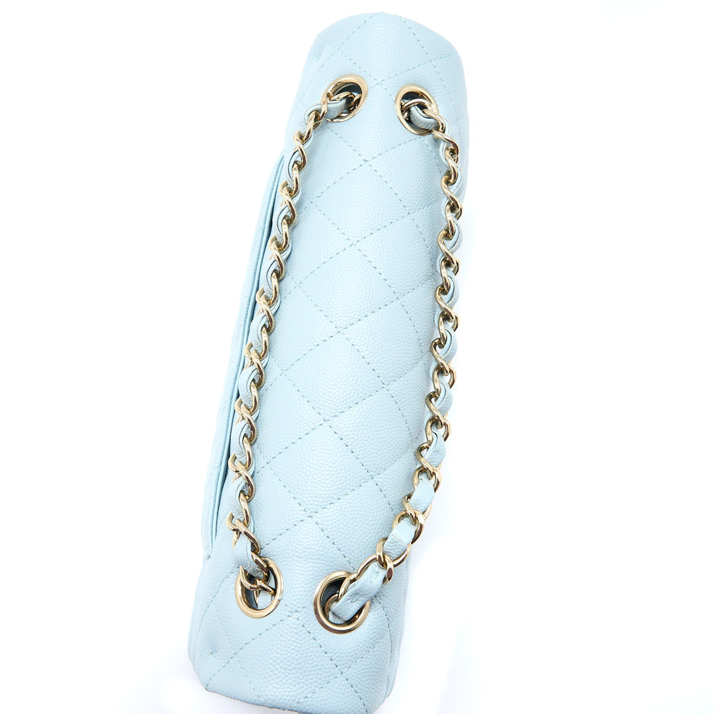 CHANEL MEDIUM CLASSIC DOUBLE FLAP BAG CAVIAR LIGHT BLUE LGHW (MICROCHIP)