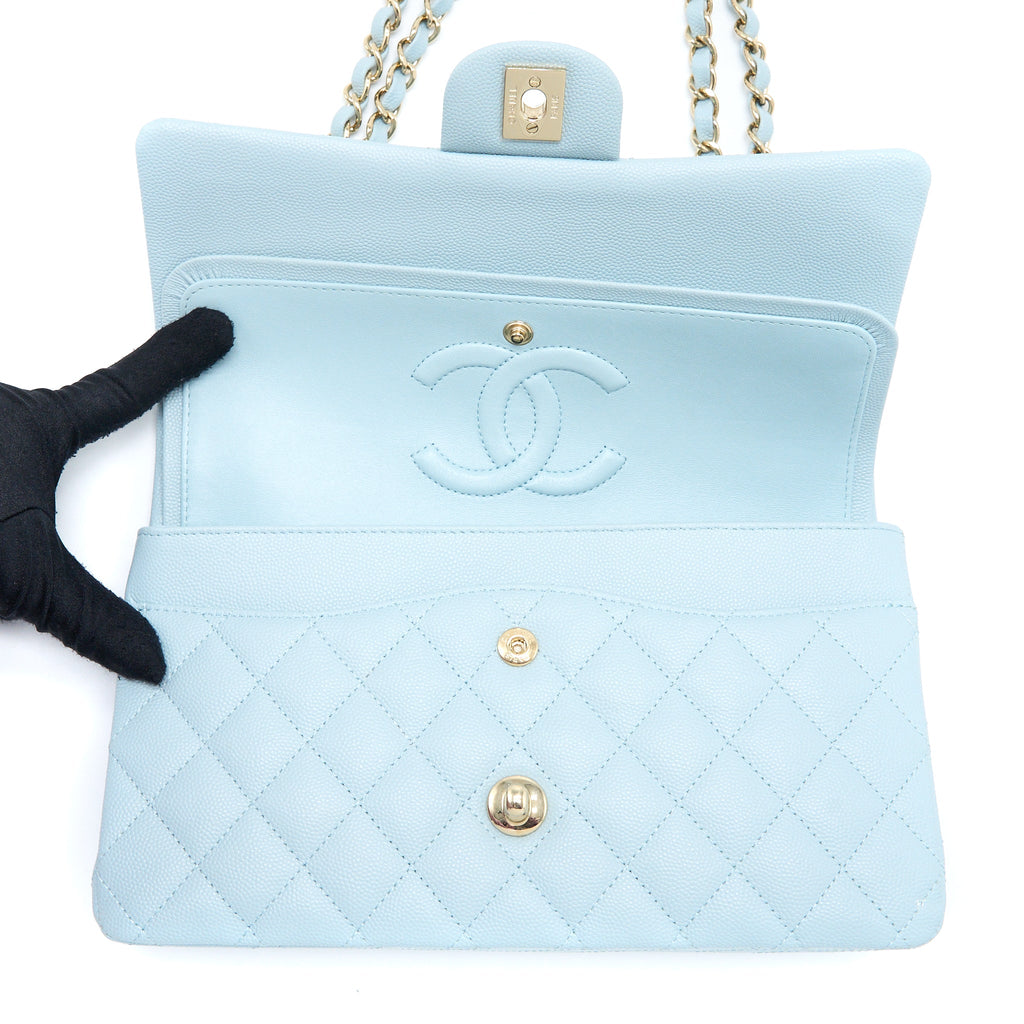 CHANEL MEDIUM CLASSIC DOUBLE FLAP BAG CAVIAR LIGHT BLUE LGHW (MICROCHIP)