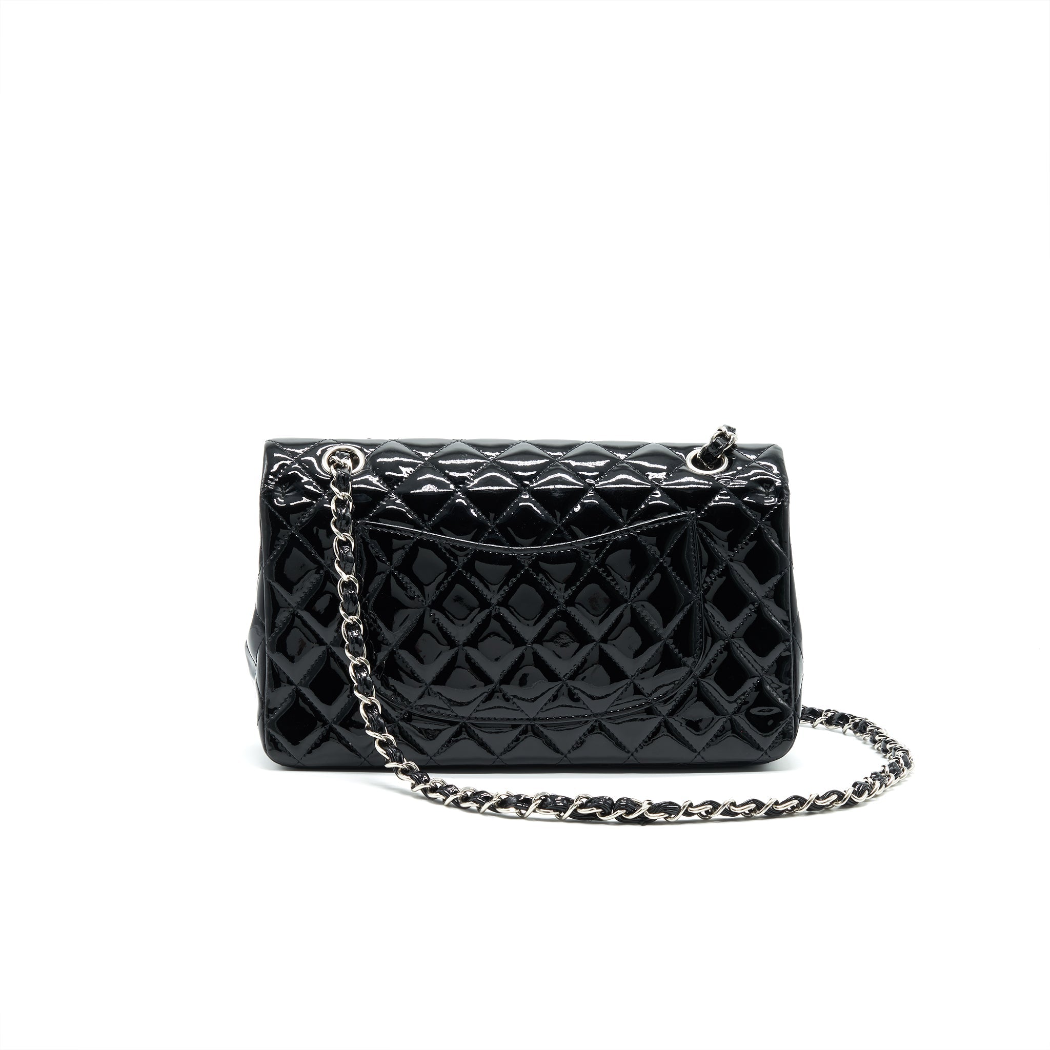 CHANEL PATENT LEATHER MEDIUM CLASSIC DOUBLE FLAP BAG BLACK SHW