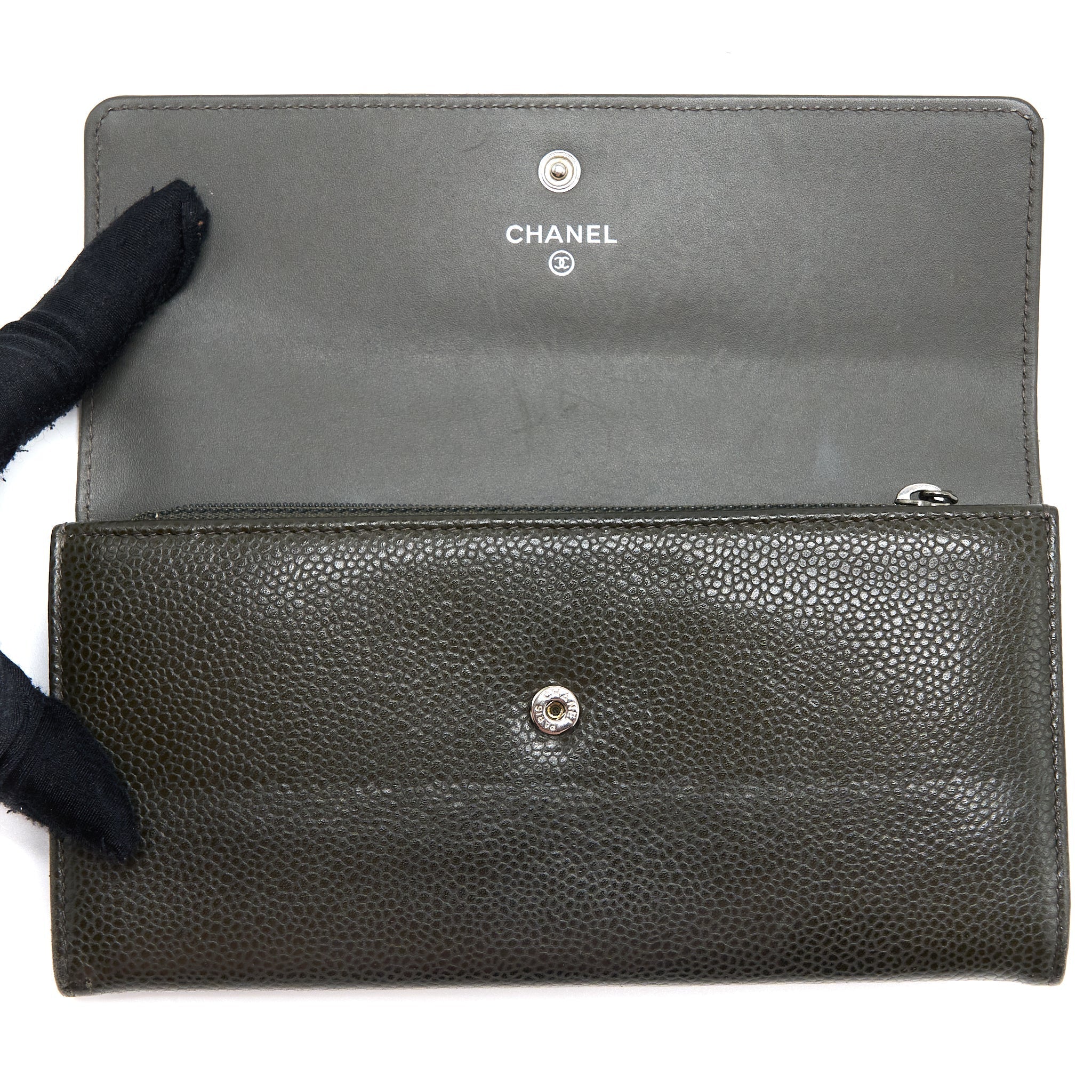 CHANEL CC LOGO FLAP LONG WALLET CAVIAR DARK OLIVE GREEN SHW