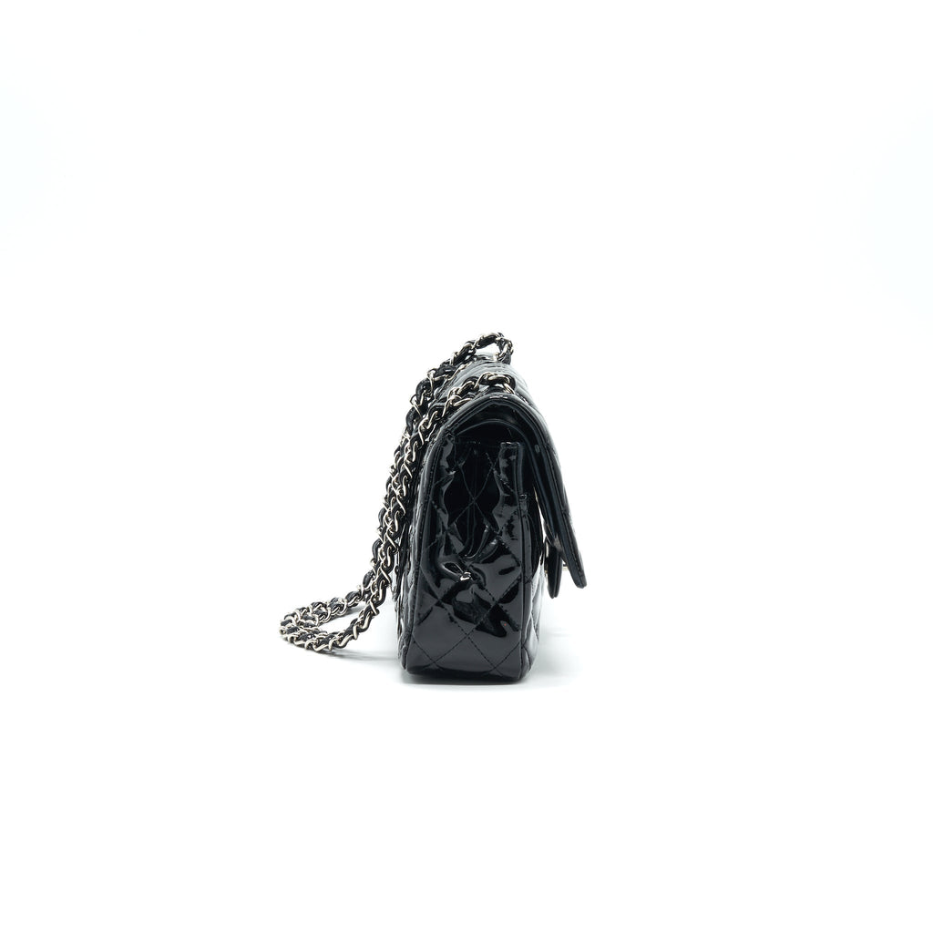 CHANEL PATENT LEATHER MEDIUM CLASSIC DOUBLE FLAP BAG BLACK SHW