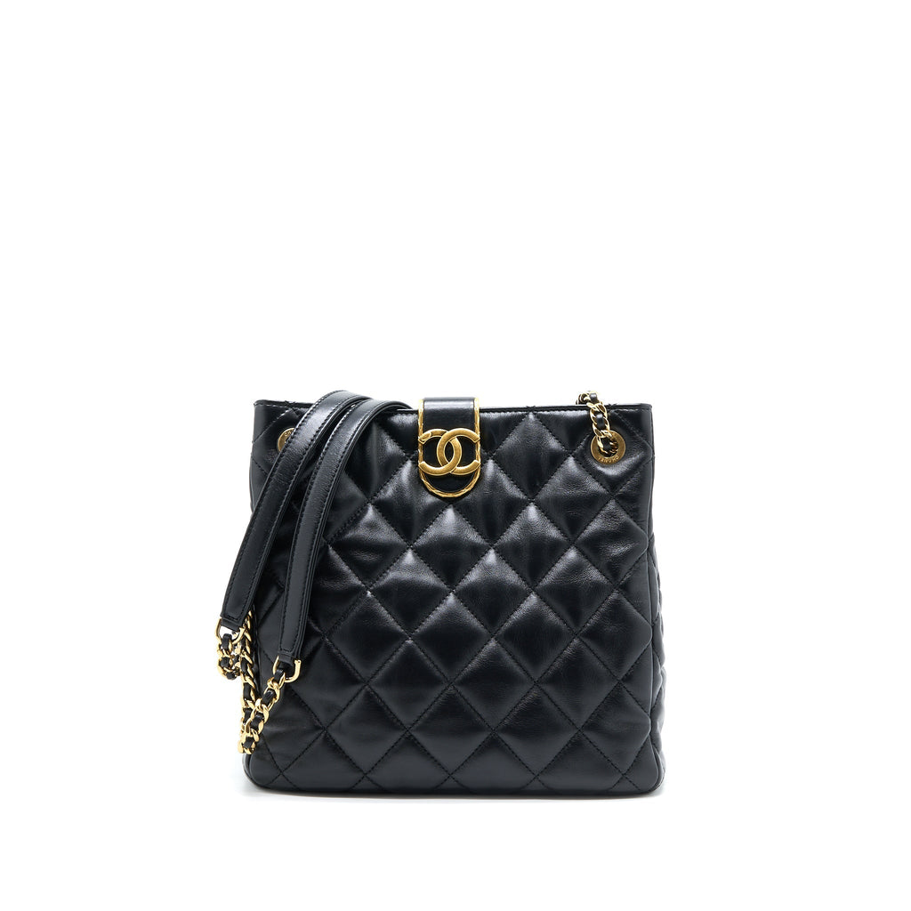CHANEL SEASONAL TOTE BAG LAMBSKIN BLACK BRUSHED GHW(MICROCHIP)