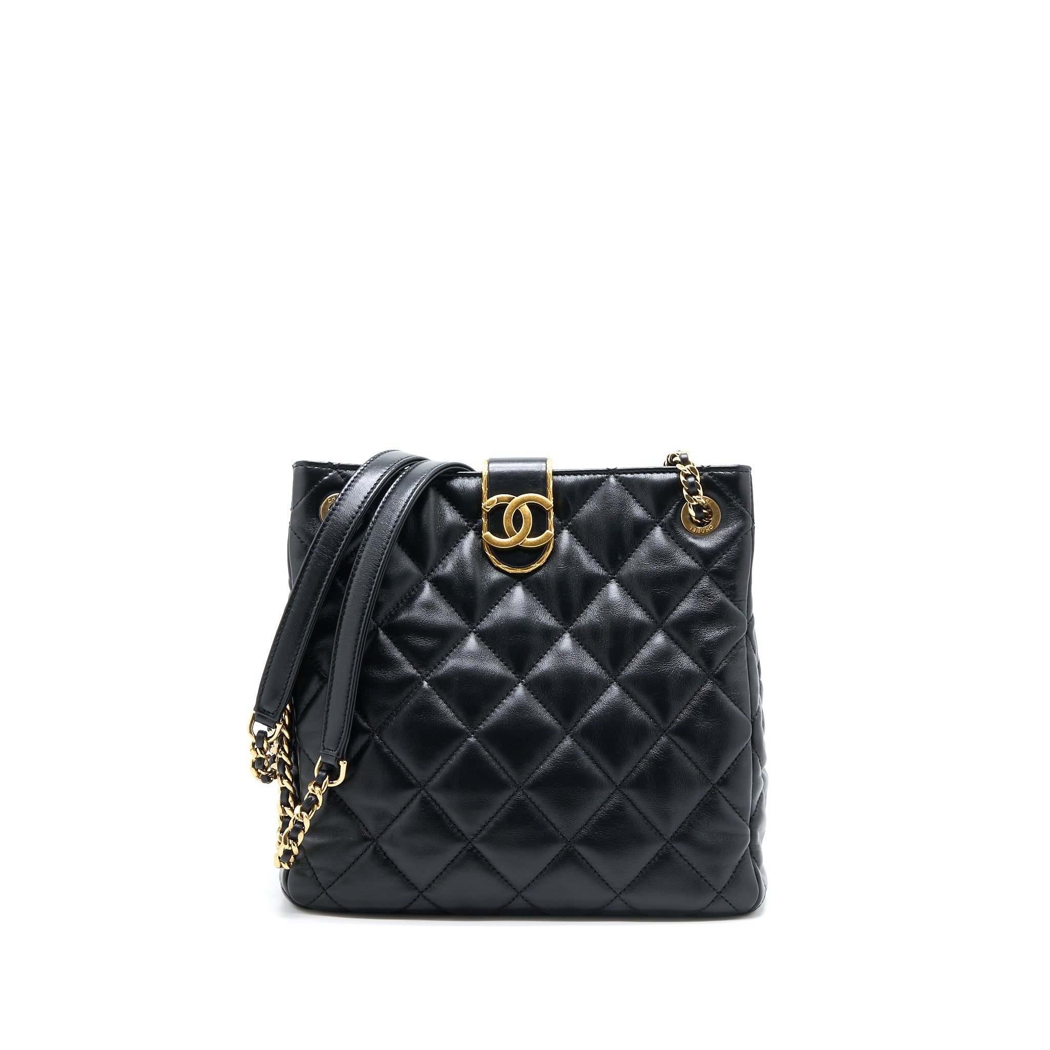 CHANEL SEASONAL TOTE BAG LAMBSKIN BLACK BRUSHED GHW(MICROCHIP)