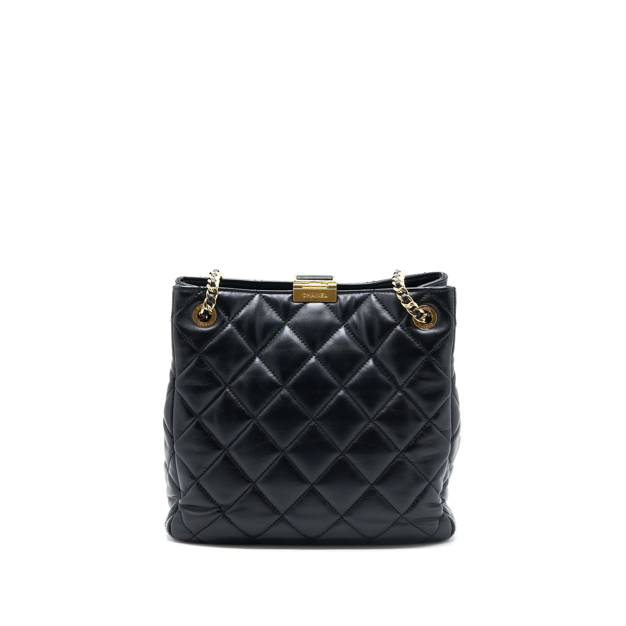 CHANEL SEASONAL TOTE BAG LAMBSKIN BLACK BRUSHED GHW(MICROCHIP)