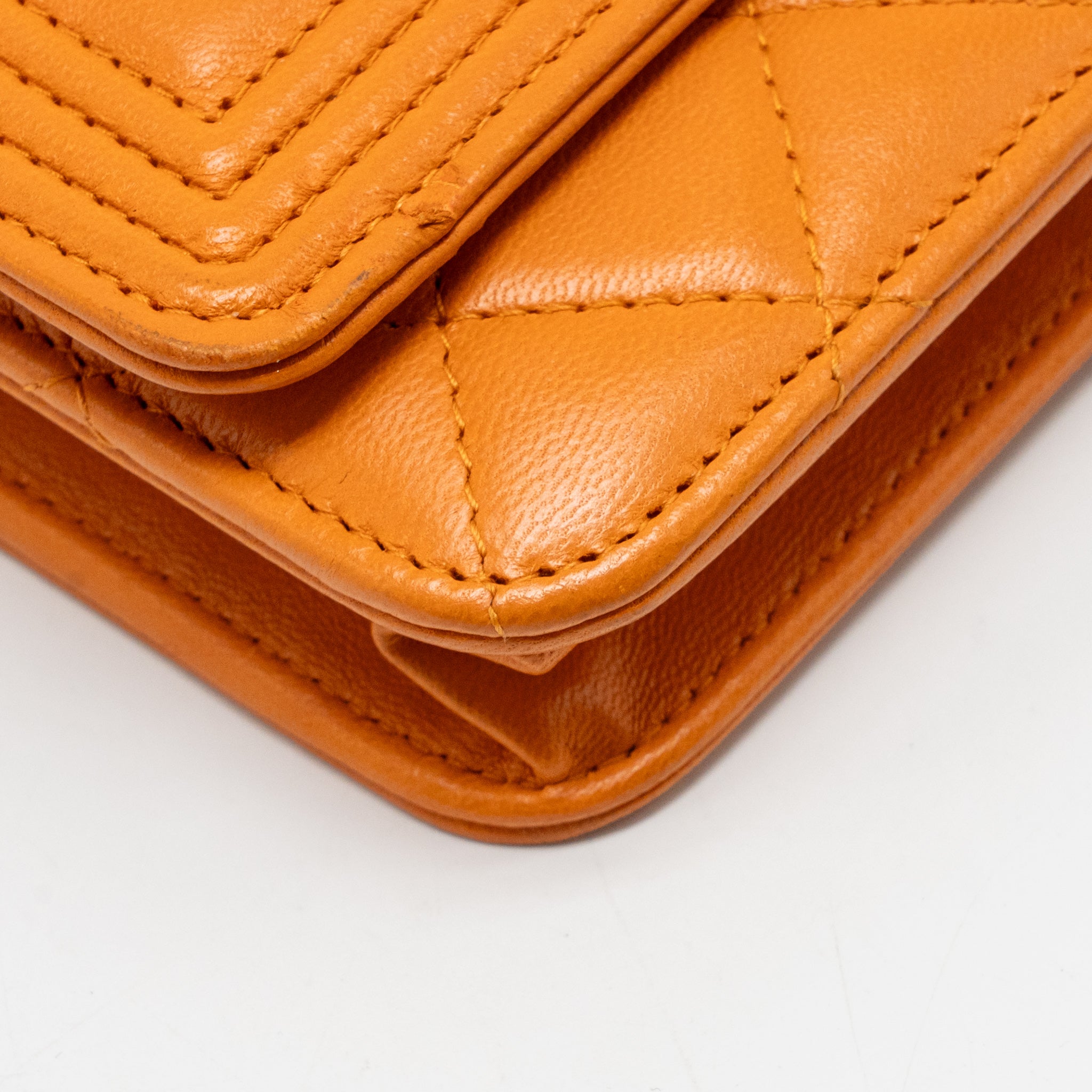 CHANEL BOY WALLET ON CHAIN LAMBSKIN ORANGE RUTHENIUM SILVER HARDWARE