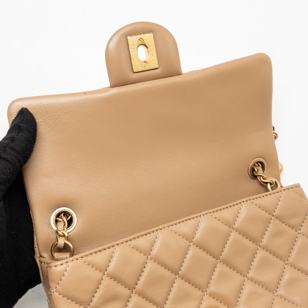 CHANEL PEARL CRUSH MINI RECTANGULAR LAMBSKIN DARK BEIGE GHW (MICROCHIP)