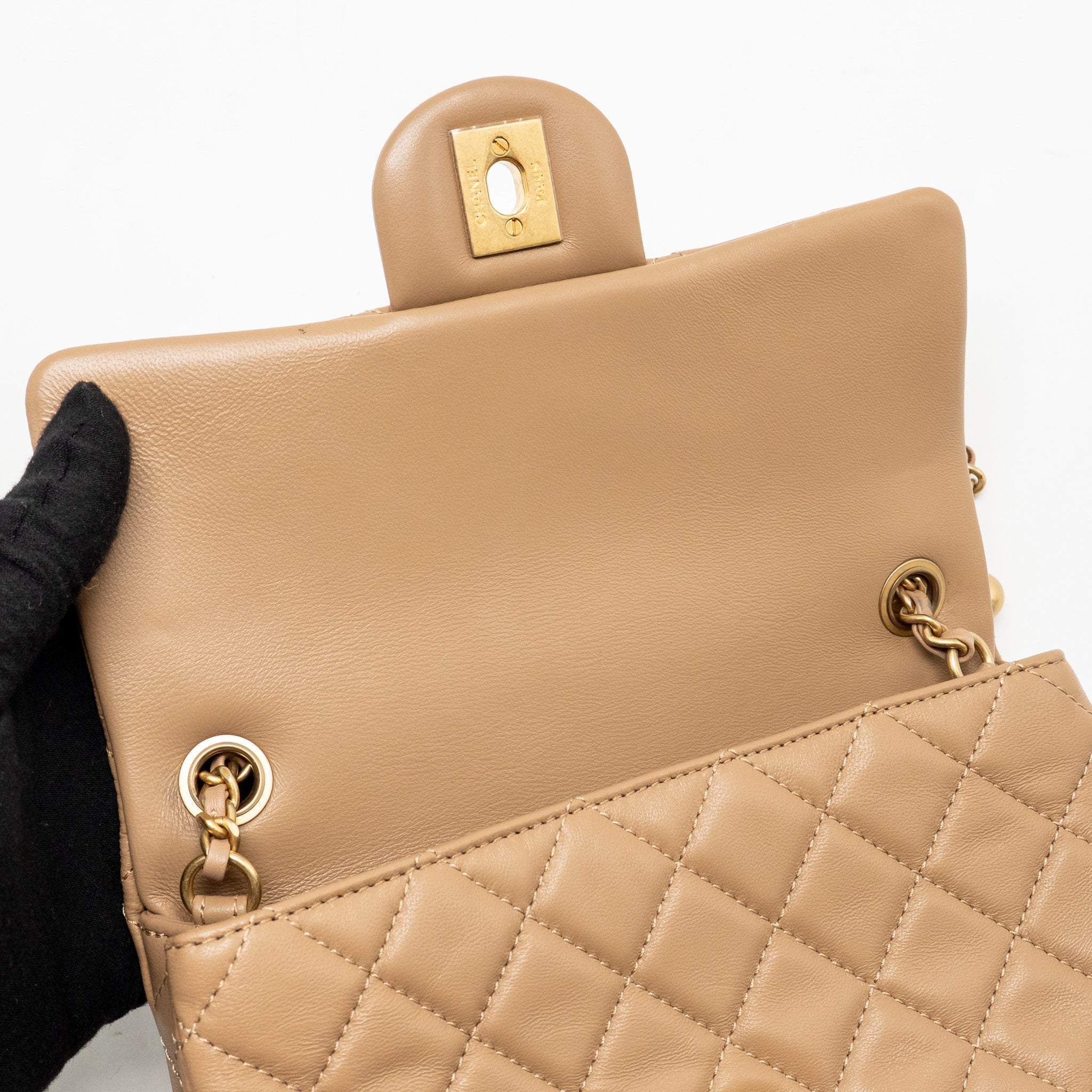 CHANEL PEARL CRUSH MINI RECTANGULAR LAMBSKIN DARK BEIGE GHW (MICROCHIP)
