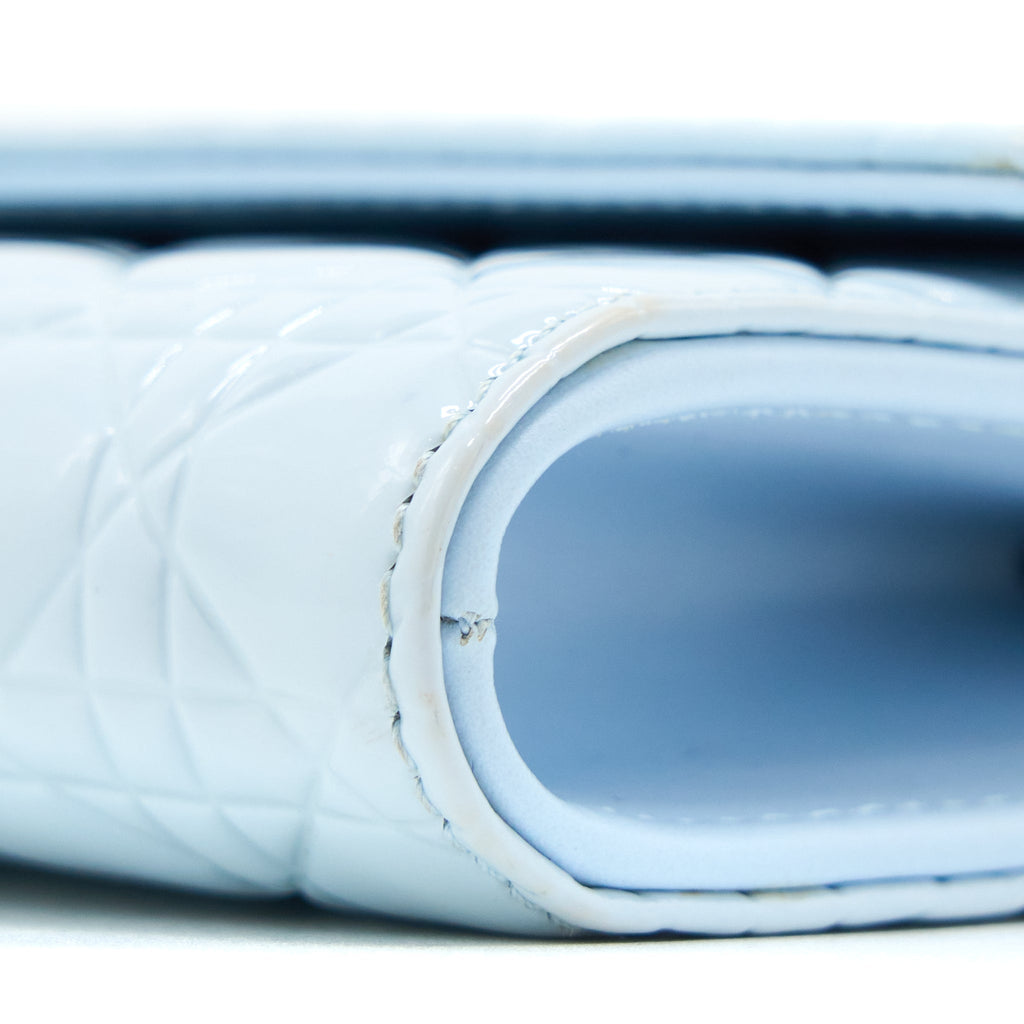 DIOR FLAP WALLET WITH CHAIN PATENT LIGHT BLUE WITH BLUE HARDWARE