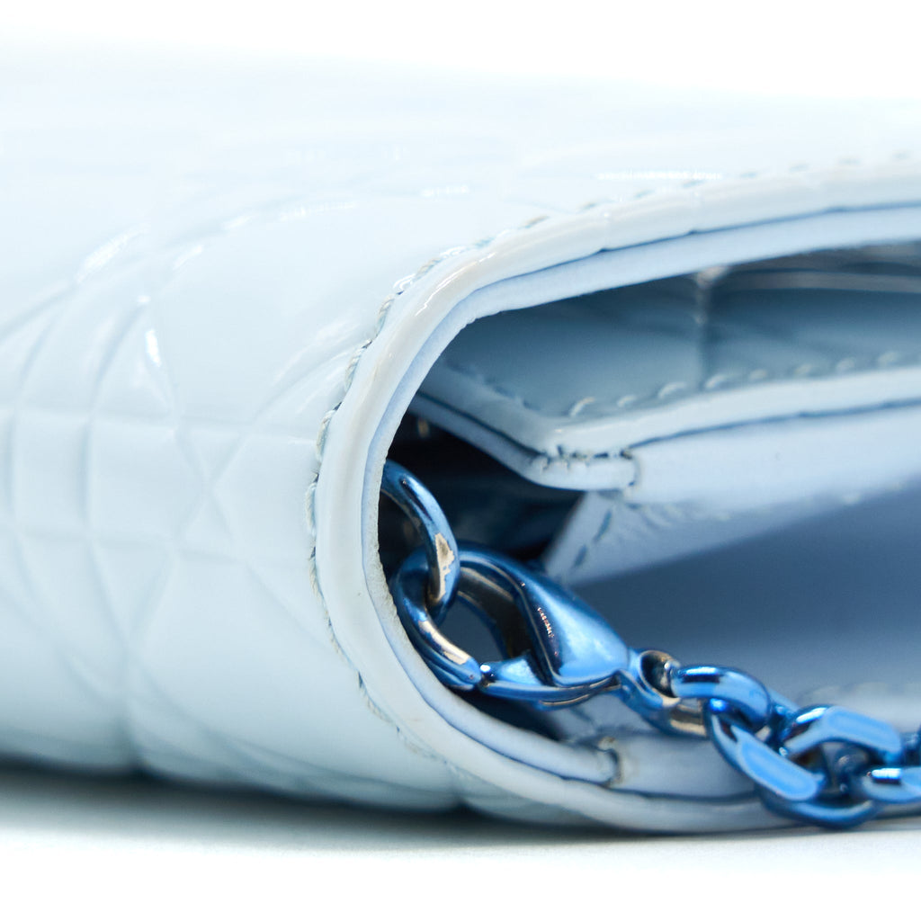 DIOR FLAP WALLET WITH CHAIN PATENT LIGHT BLUE WITH BLUE HARDWARE