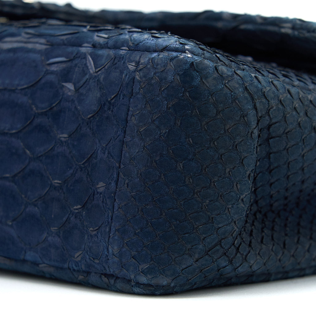 CHANEL MEDIUM CLASSIC DOUBLE FLAP BAG PYTHON DARK BLUE SHW