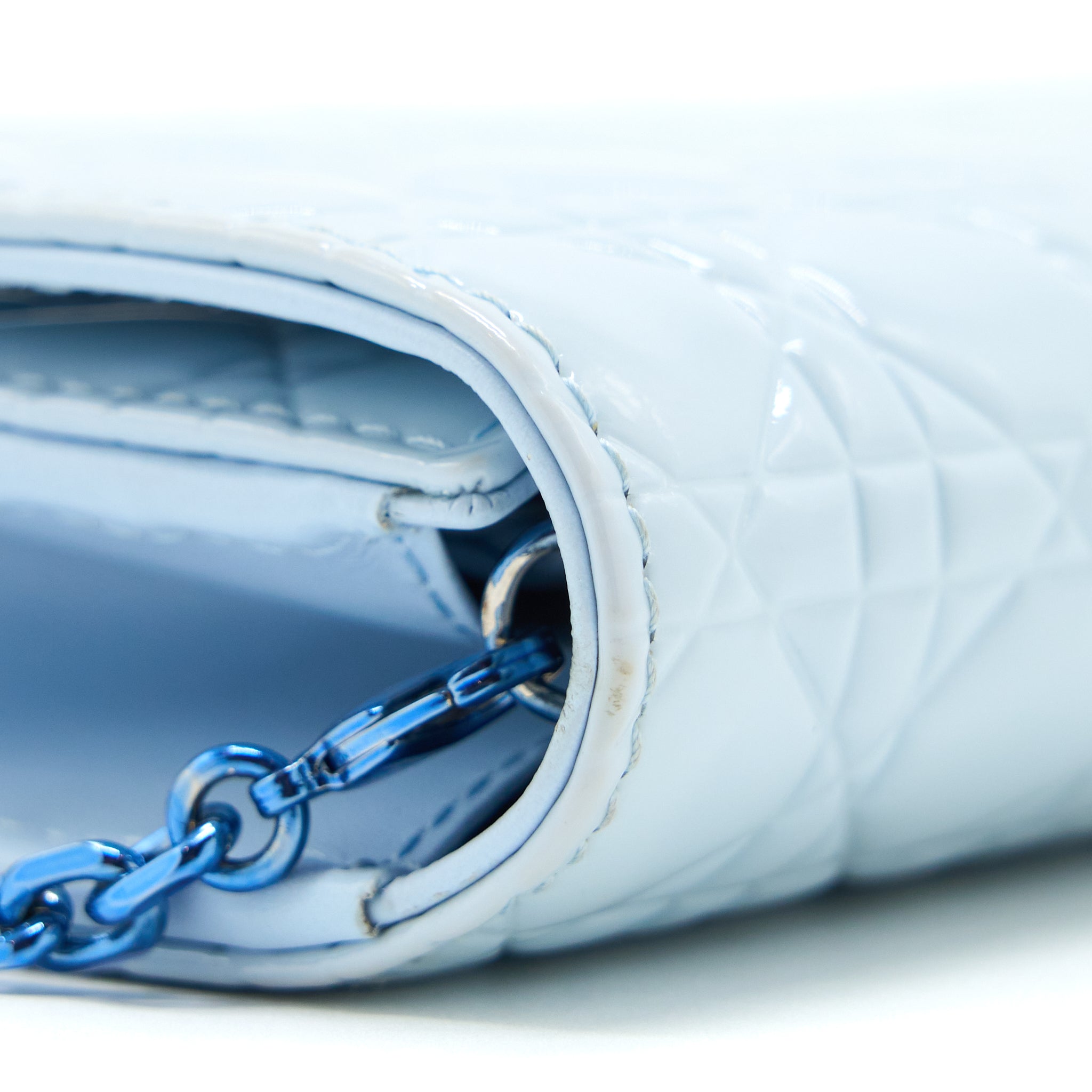 DIOR FLAP WALLET WITH CHAIN PATENT LIGHT BLUE WITH BLUE HARDWARE