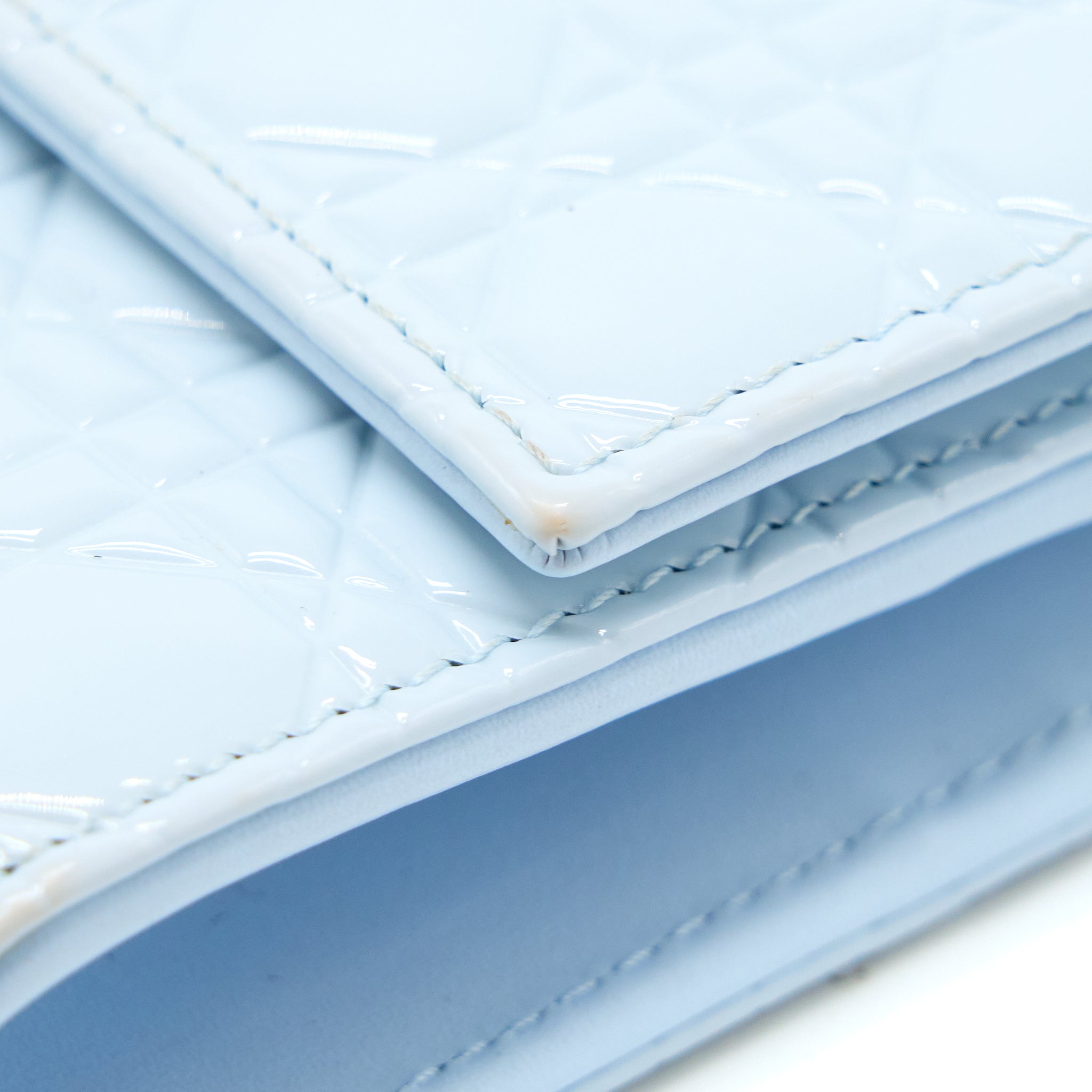 DIOR FLAP WALLET WITH CHAIN PATENT LIGHT BLUE WITH BLUE HARDWARE