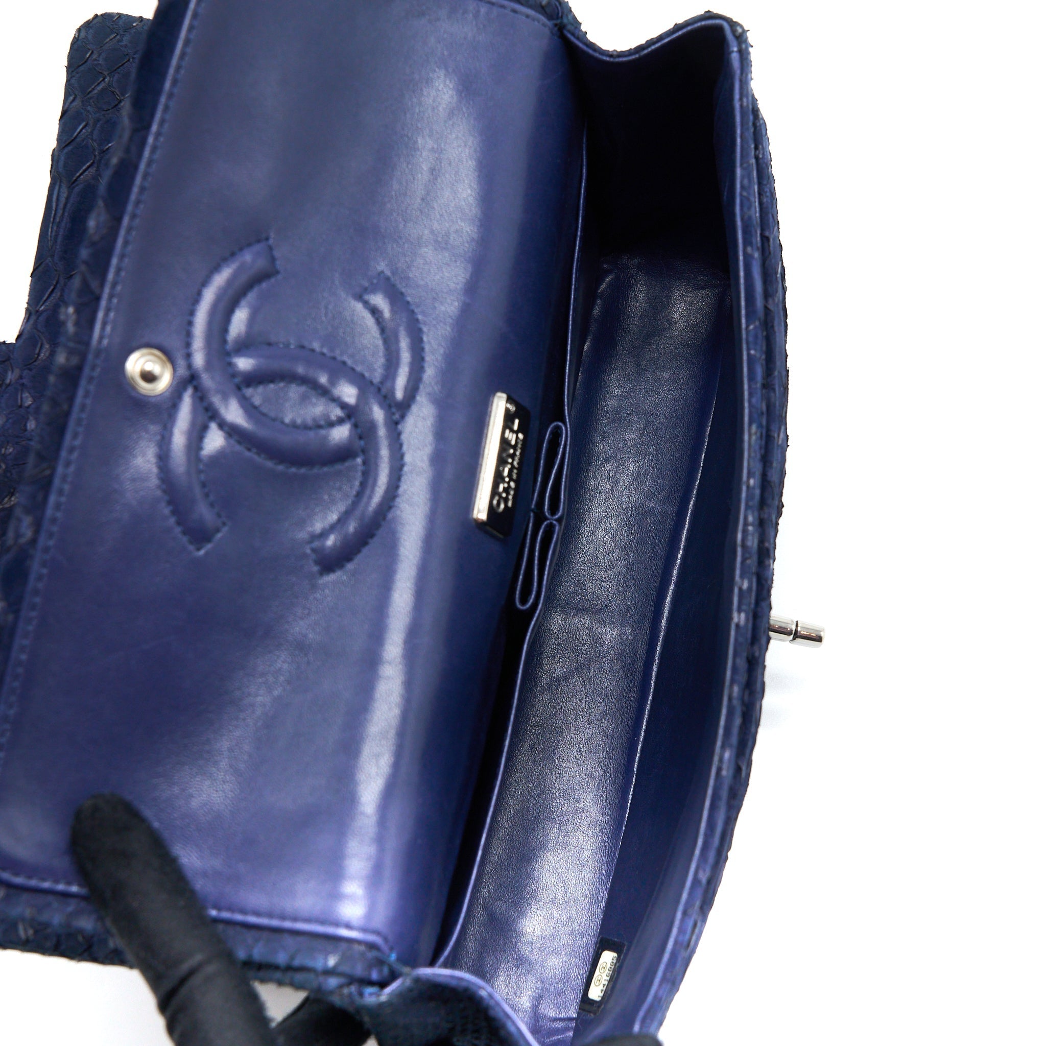 CHANEL MEDIUM CLASSIC DOUBLE FLAP BAG PYTHON DARK BLUE SHW