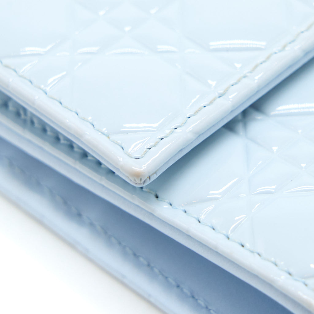 DIOR FLAP WALLET WITH CHAIN PATENT LIGHT BLUE WITH BLUE HARDWARE