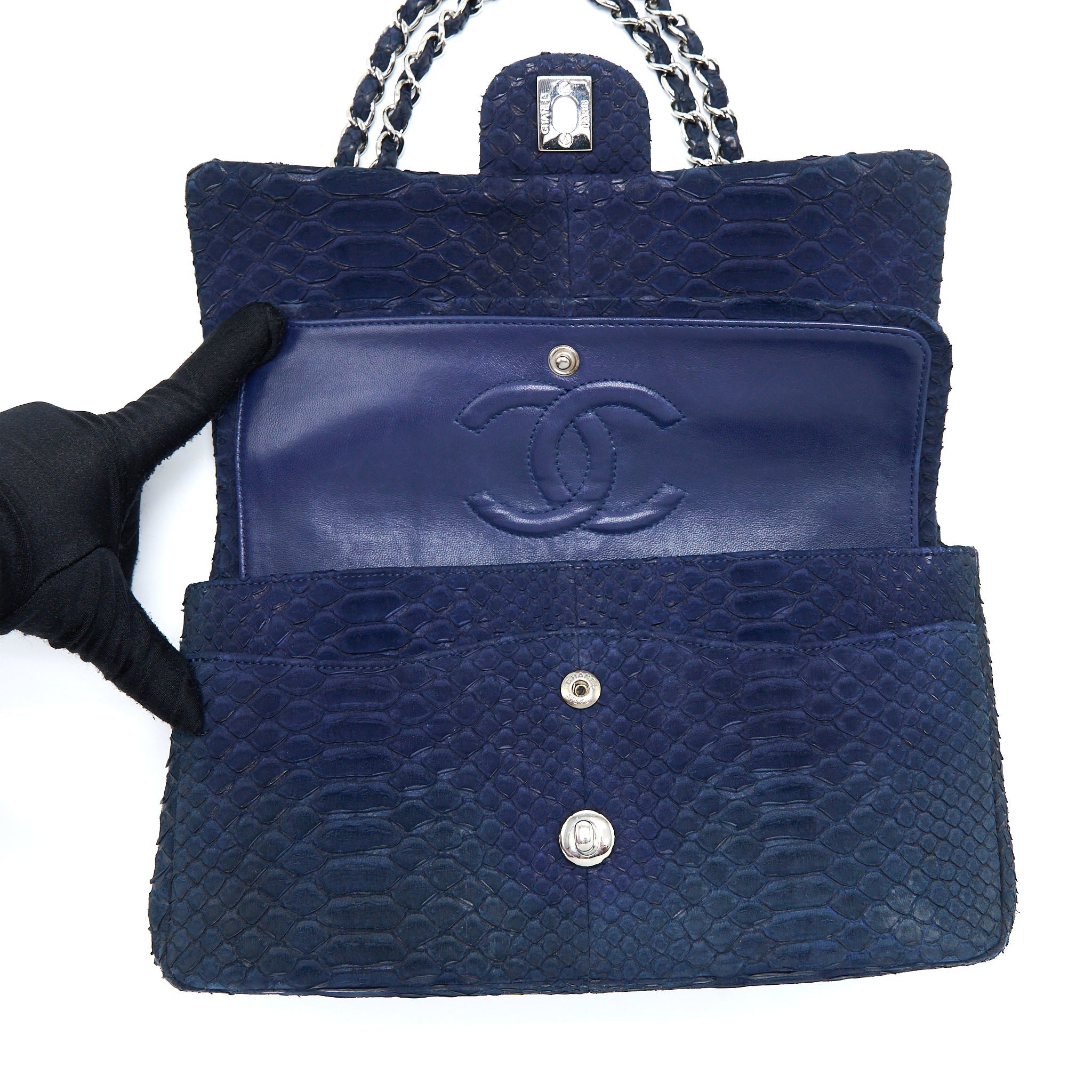 CHANEL MEDIUM CLASSIC DOUBLE FLAP BAG PYTHON DARK BLUE SHW