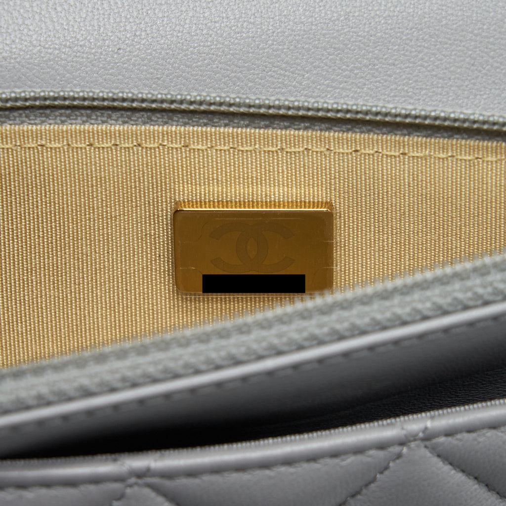 CHANEL PEARL CRUSH WALLET ON CHAIN LAMBSKIN GREY BRUSHED GHW (MICROCHIP)