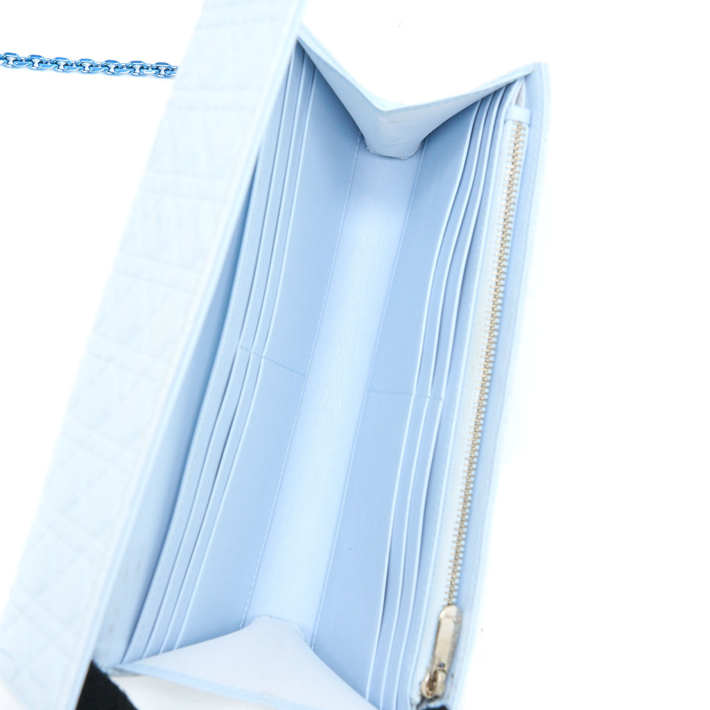 DIOR FLAP WALLET WITH CHAIN PATENT LIGHT BLUE WITH BLUE HARDWARE