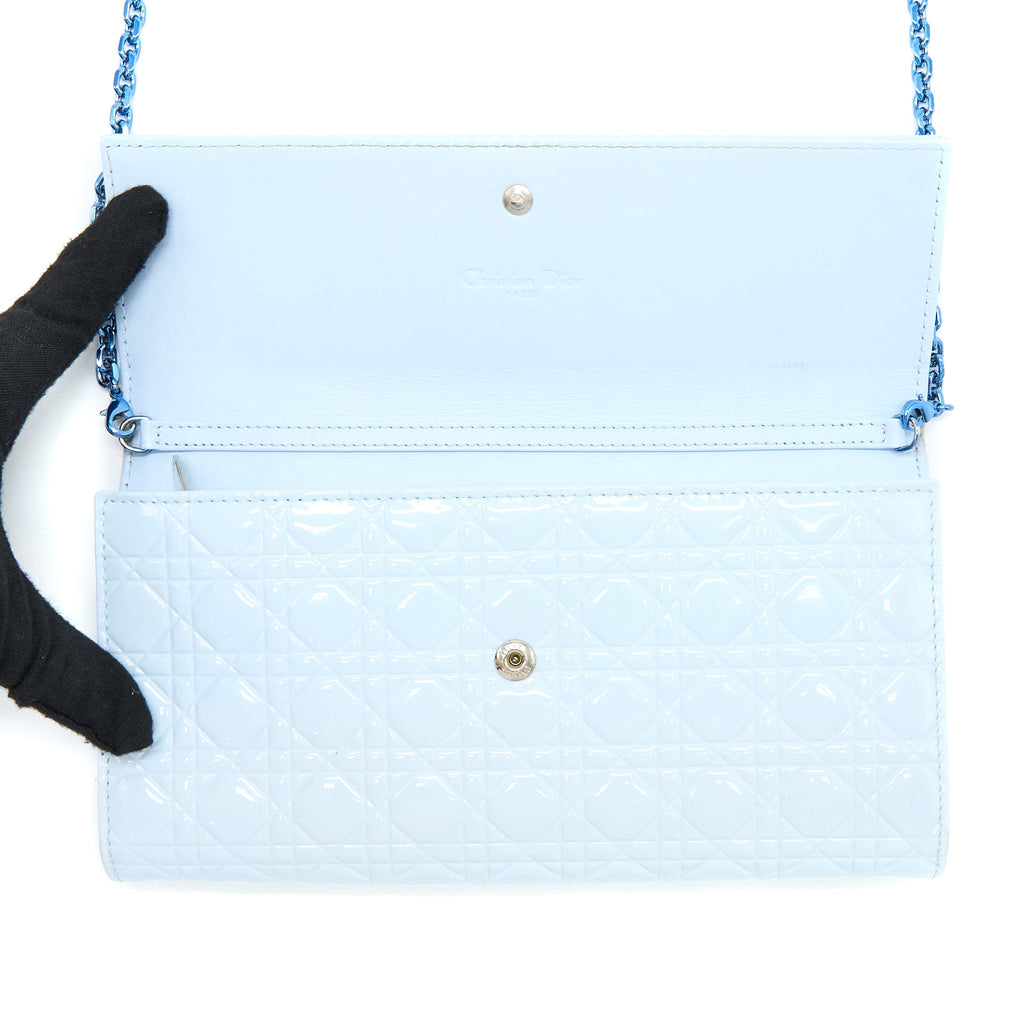 DIOR FLAP WALLET WITH CHAIN PATENT LIGHT BLUE WITH BLUE HARDWARE
