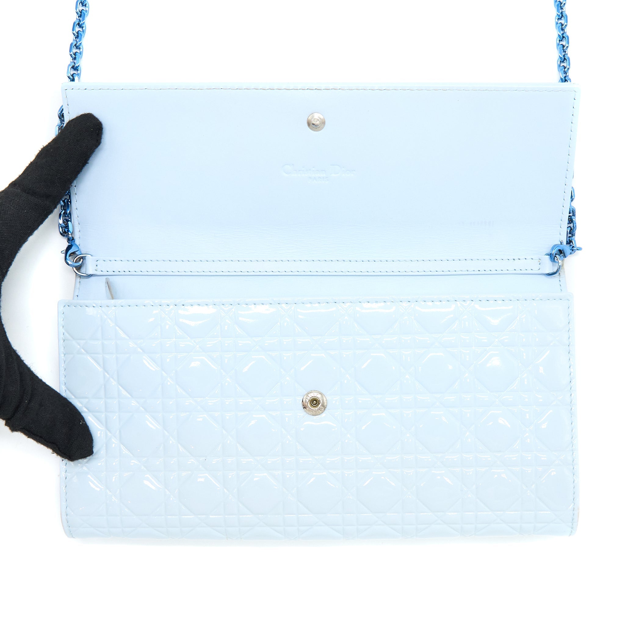 DIOR FLAP WALLET WITH CHAIN PATENT LIGHT BLUE WITH BLUE HARDWARE