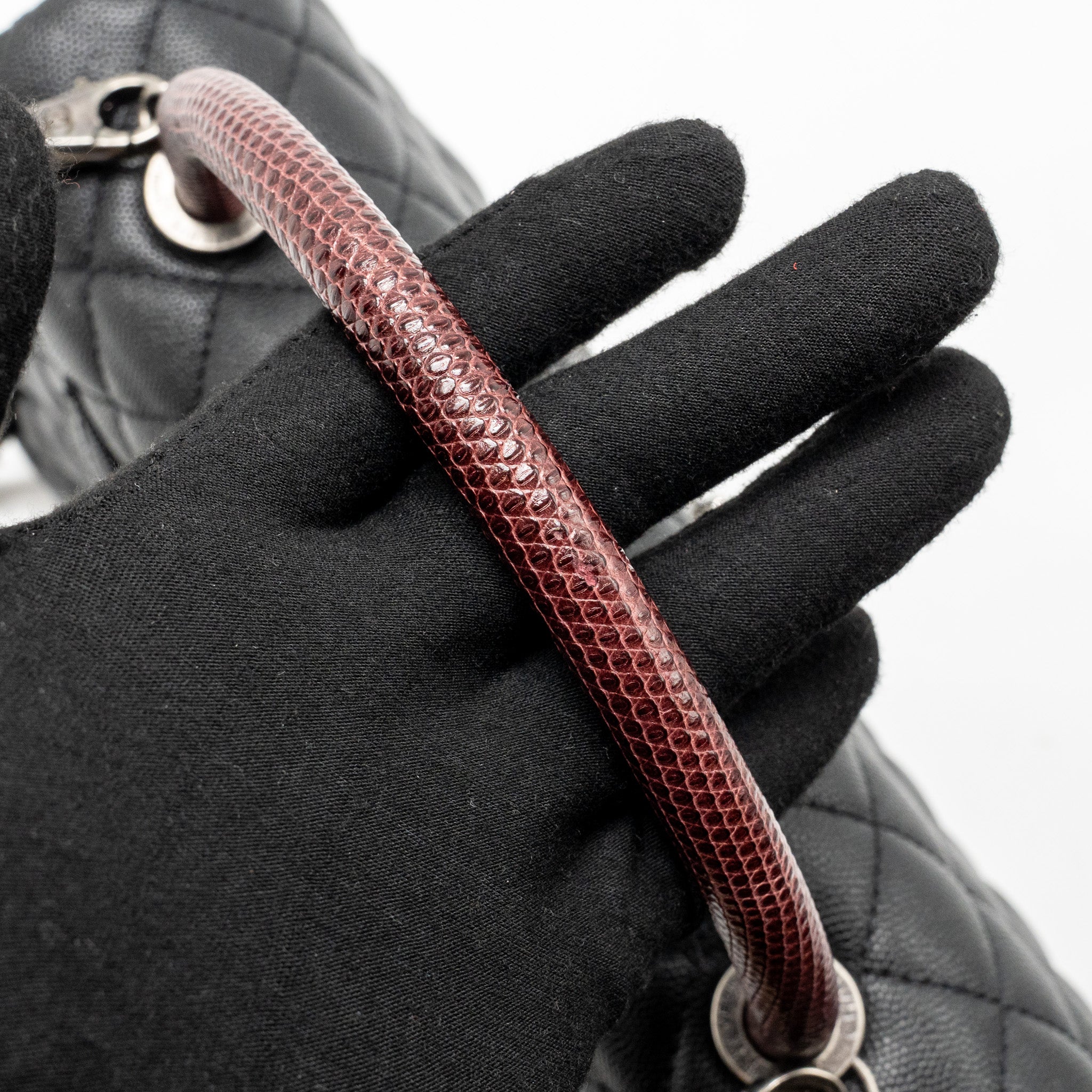 CHANEL MEDIUM COCO HANDLE CAVIAR/LIZARD HANDLE BLACK/BURGUNDY RUTHENIUM HARDWARE